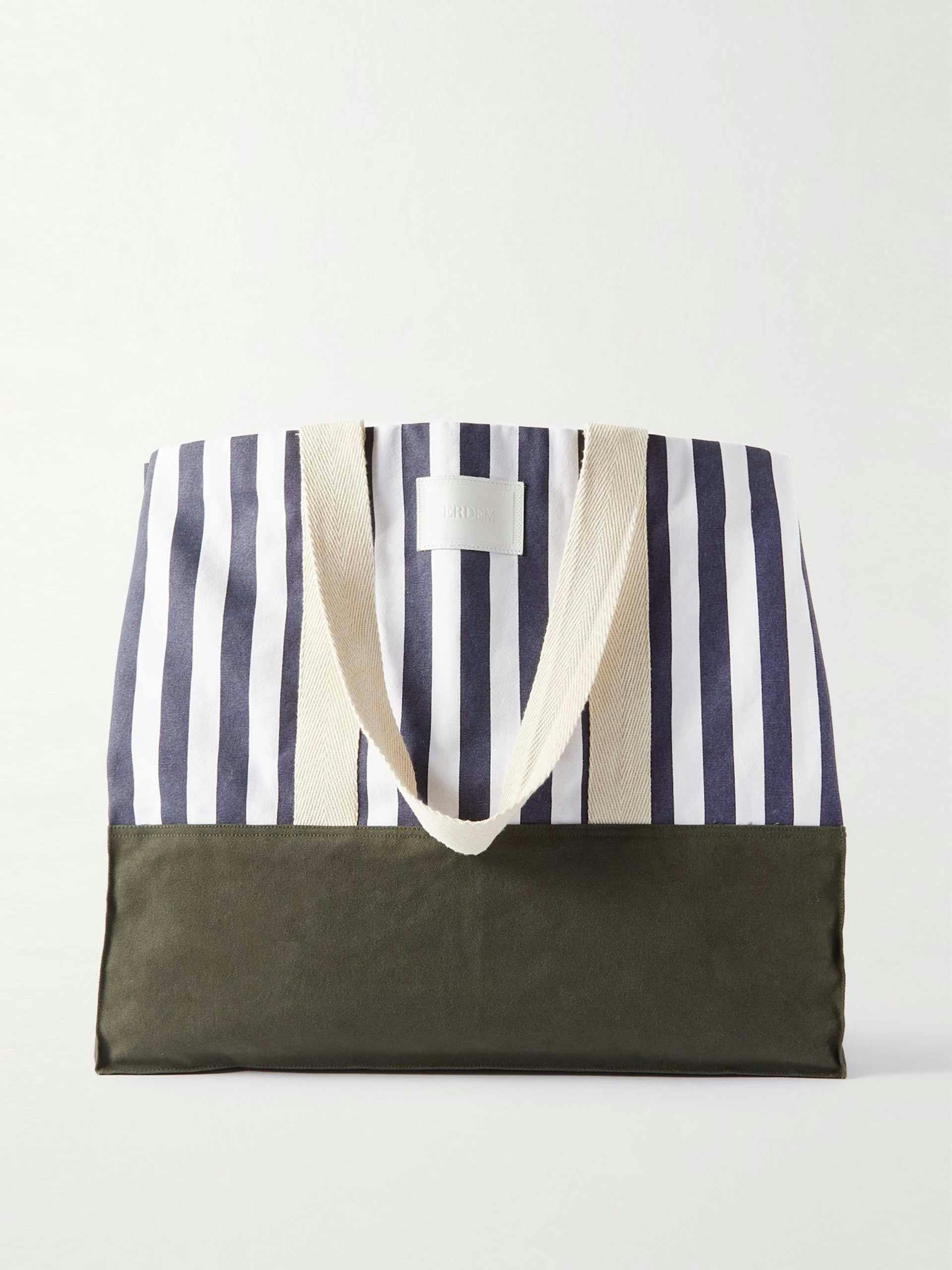 Blue and white striped cotton tote bag