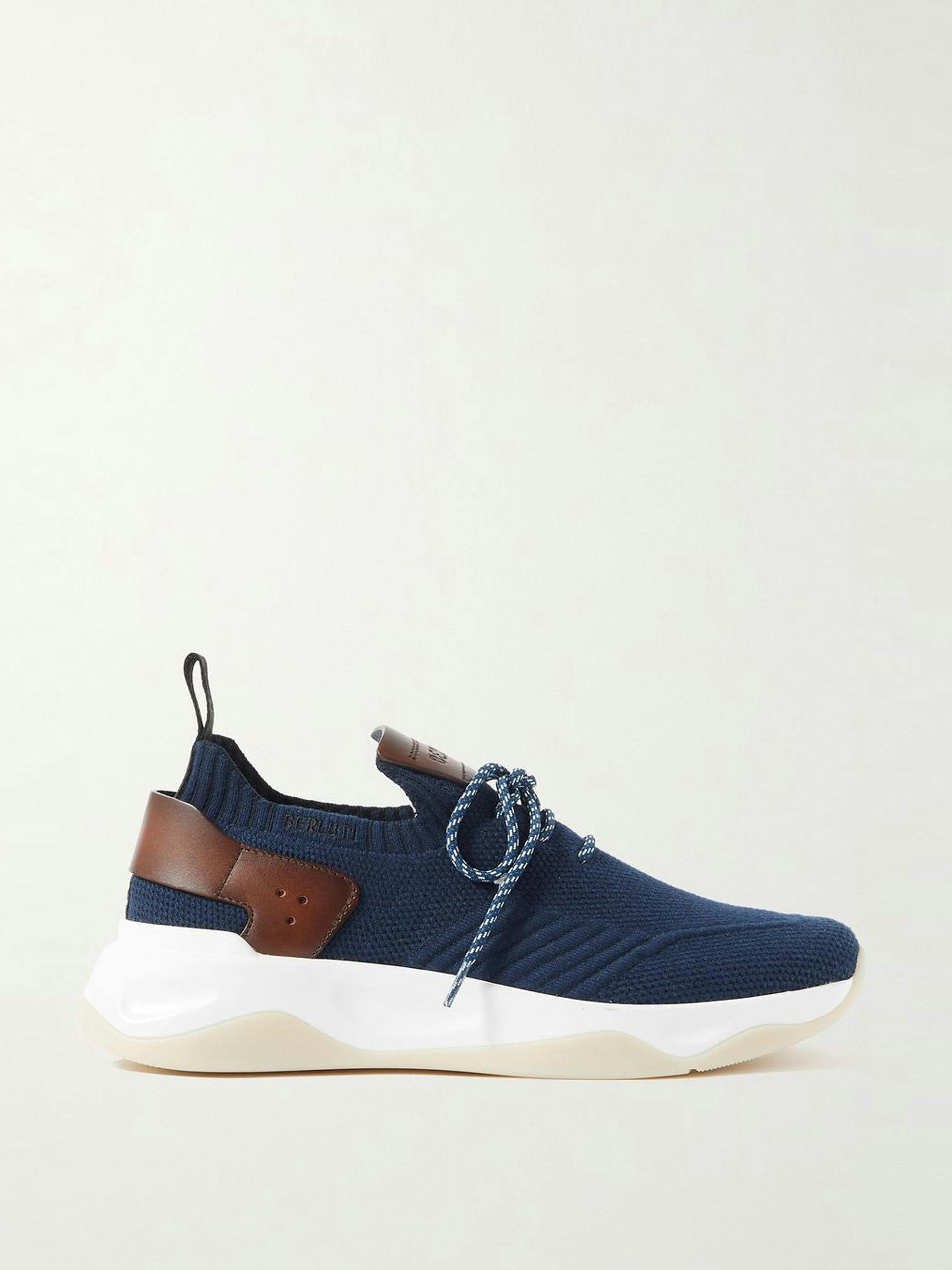 Leather-trimmed stretch-knit trainers