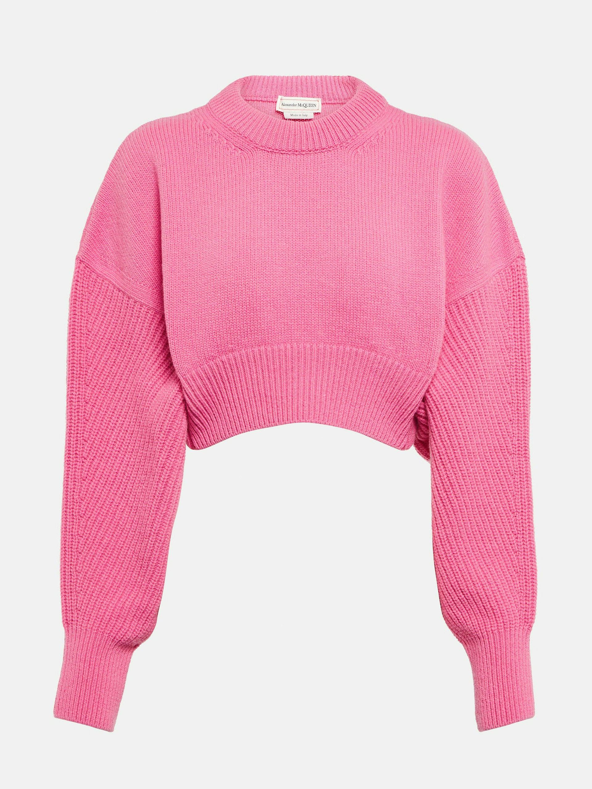 Pink balloon-sleeve cropped wool sweater