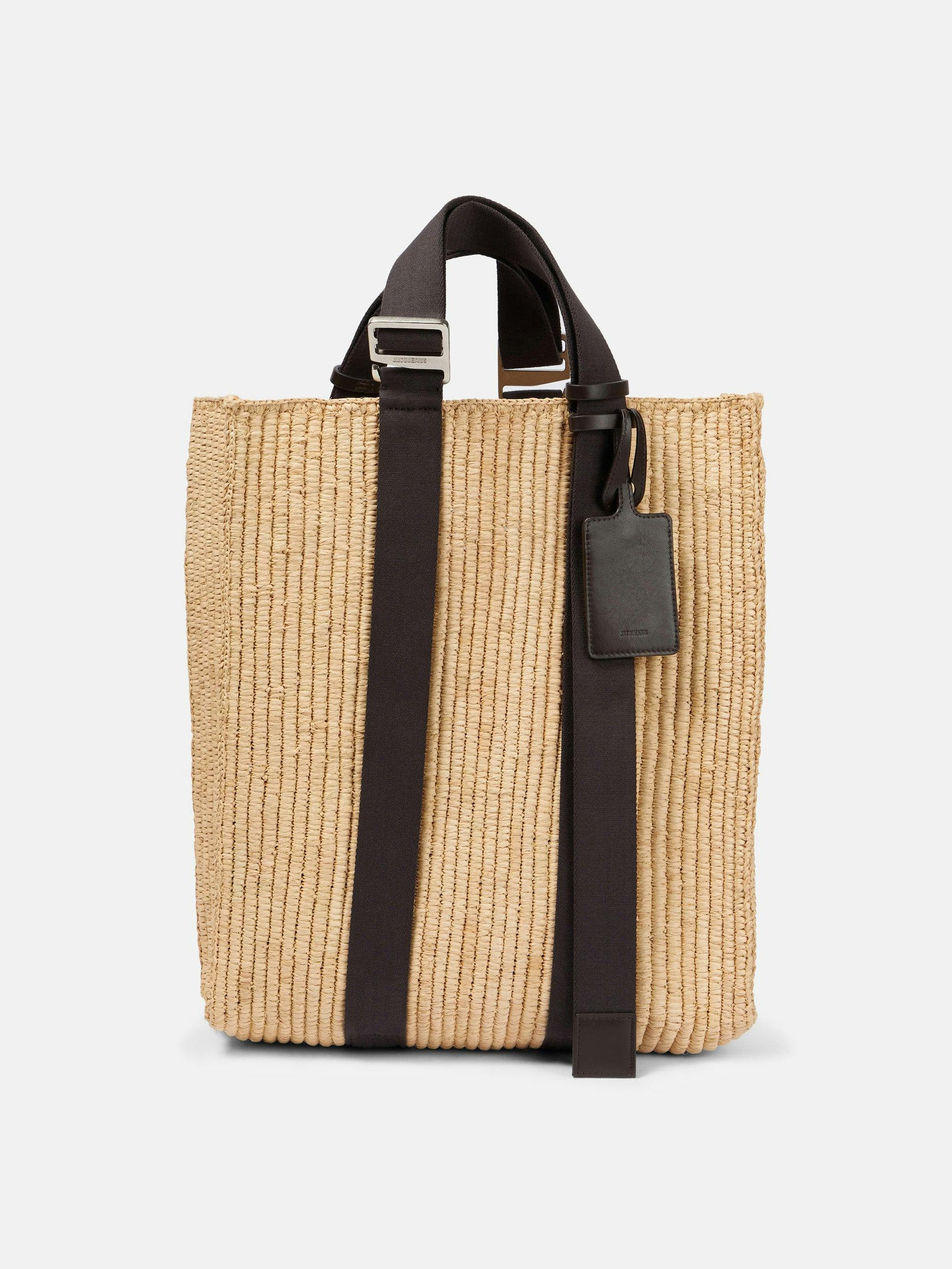 Woven raffia tote bag with leather trims