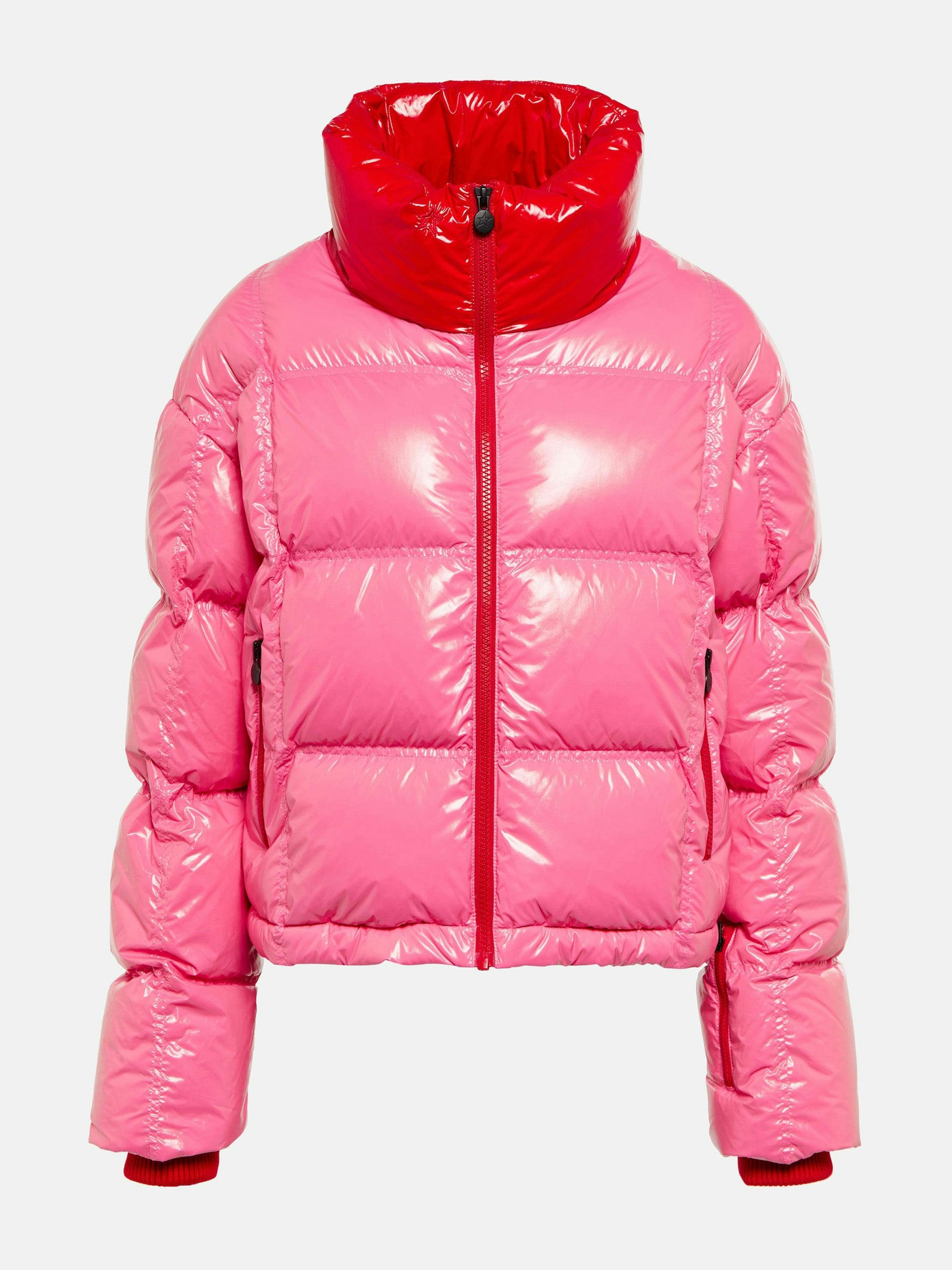 Red and pink lacquered quilted jacket
