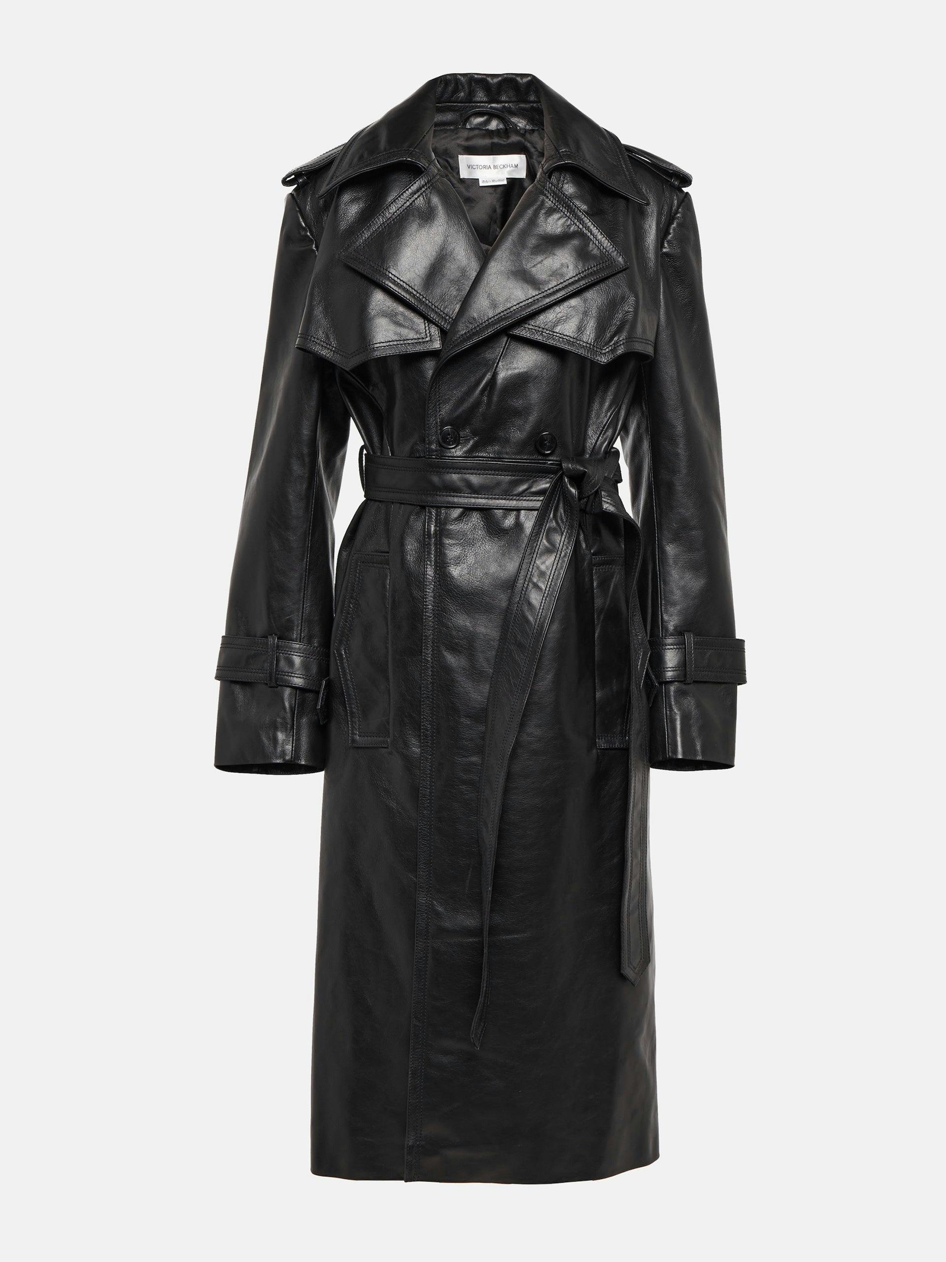 Black leather trench coat with belt