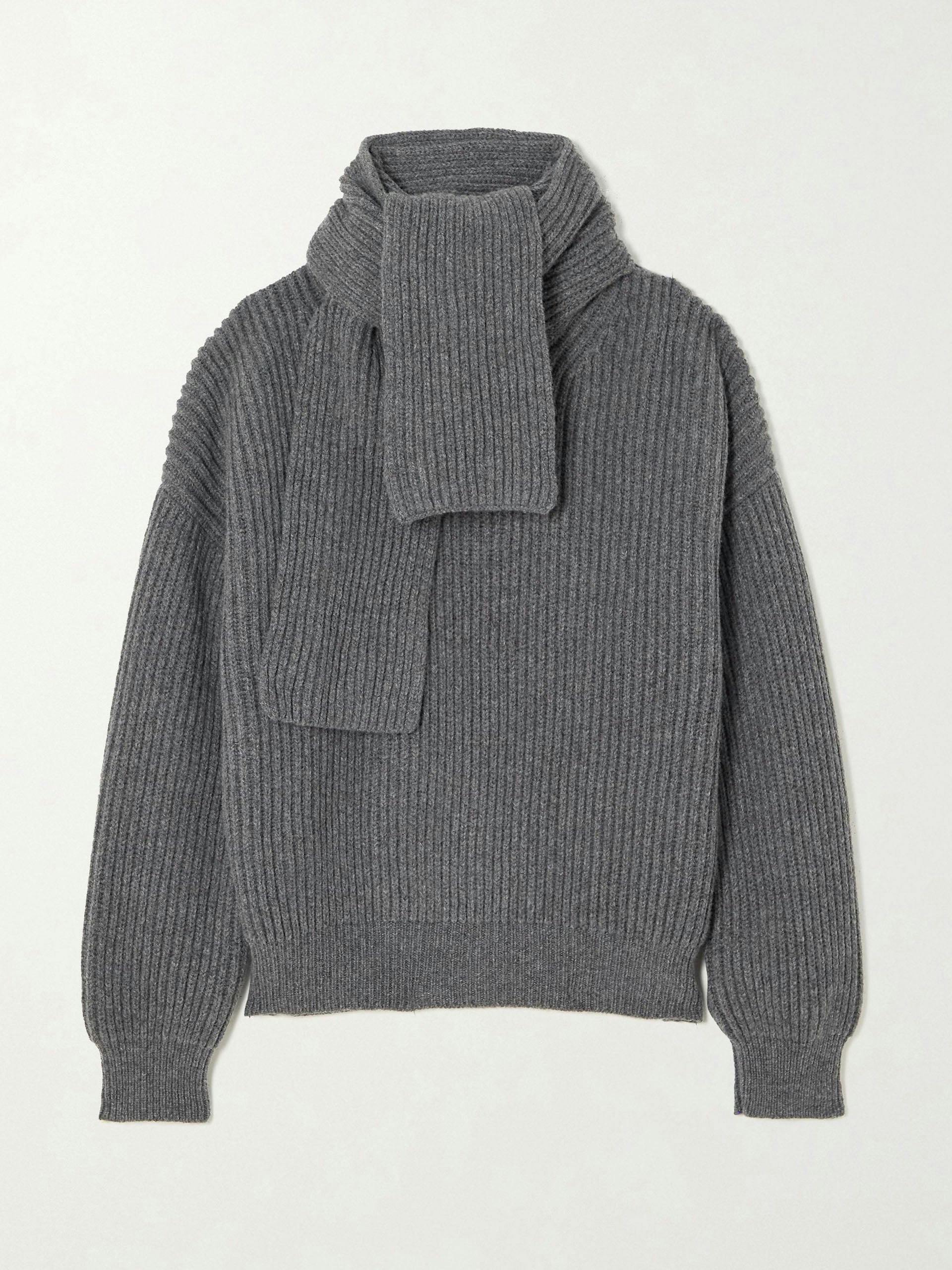 Tess scarf-detailed ribbed wool turtleneck sweater