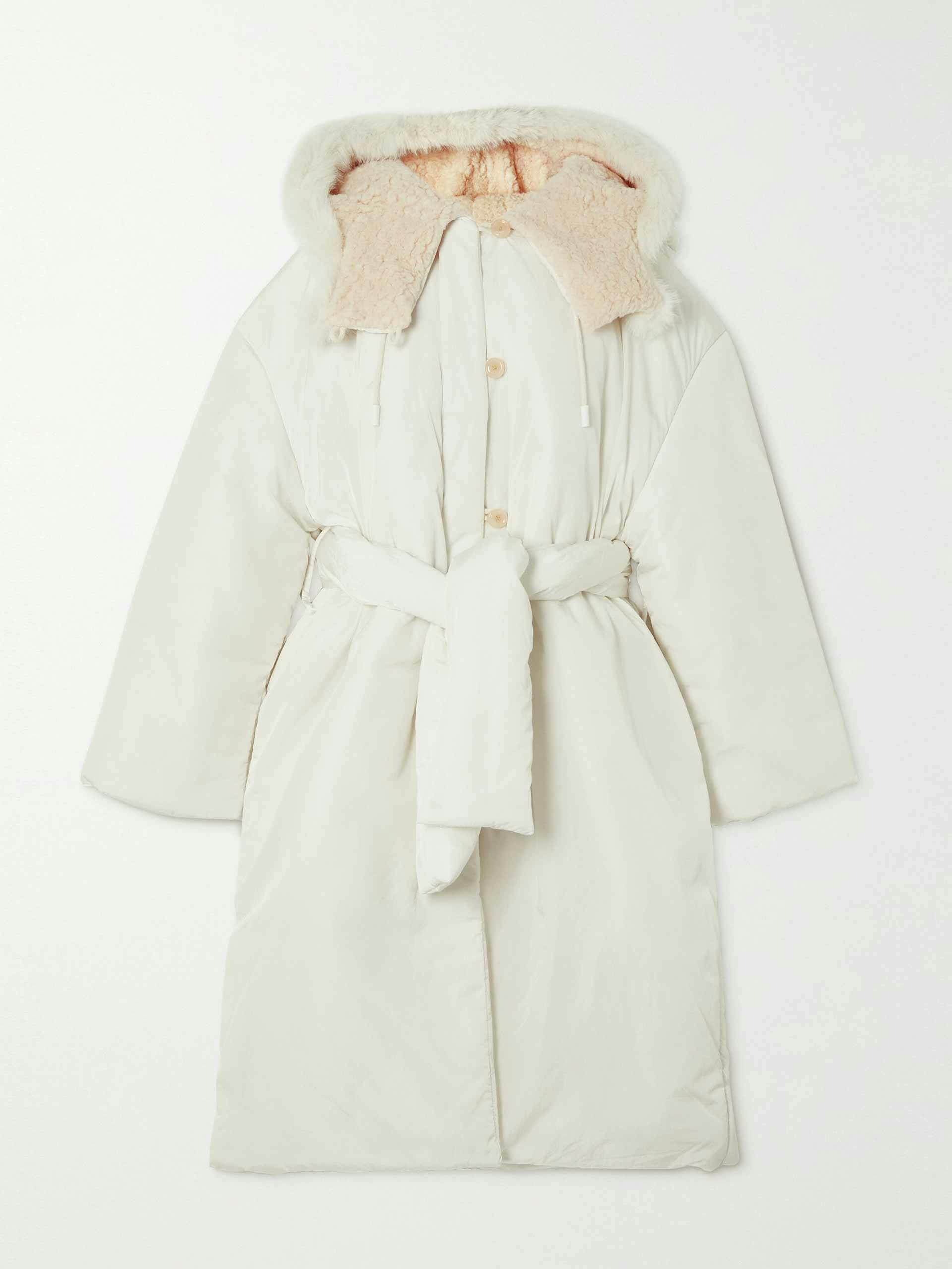 Oversized belted faux shearling-trimmed padded shell jacket