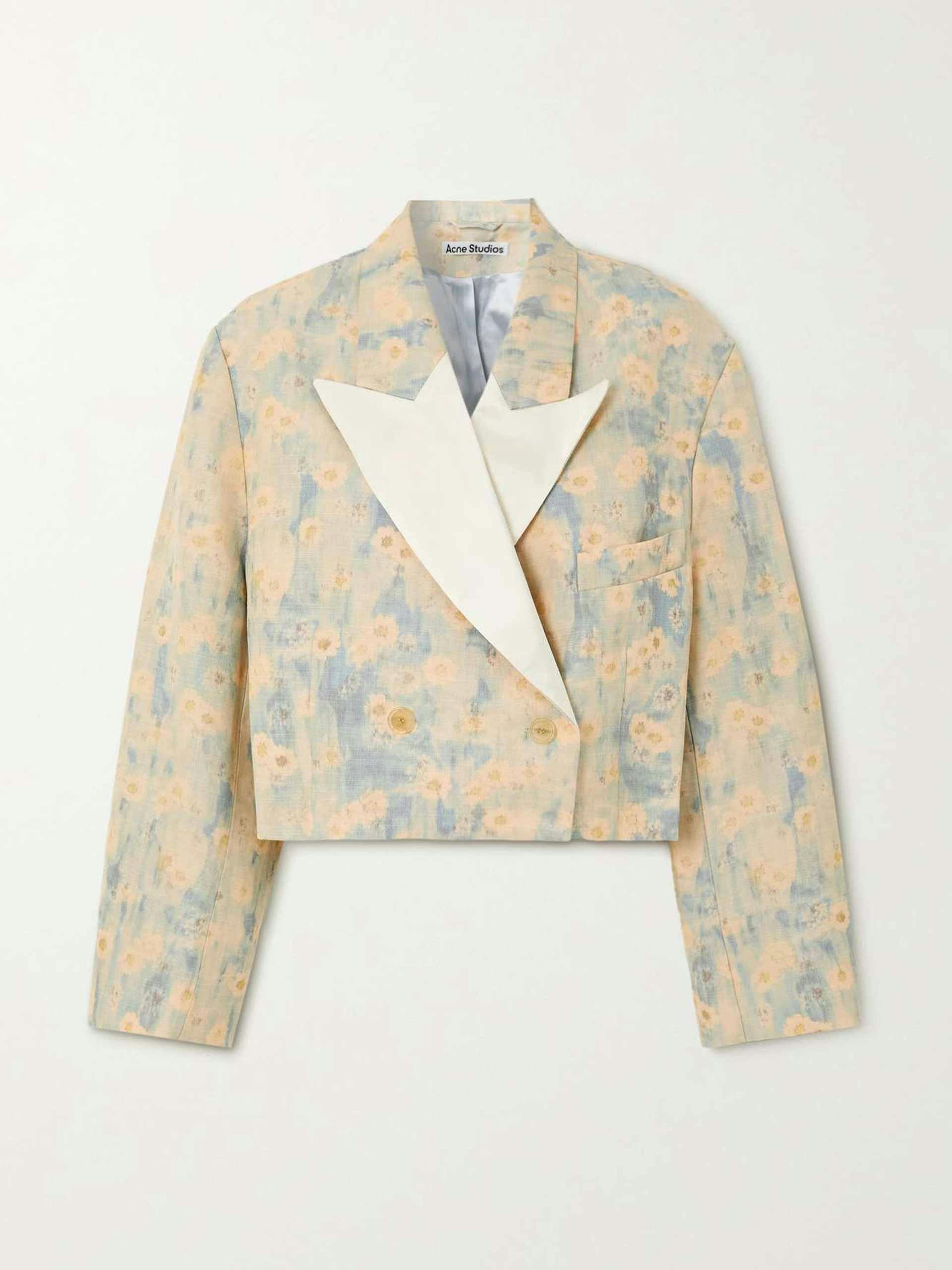Cropped double-breasted floral-print canvas blazer