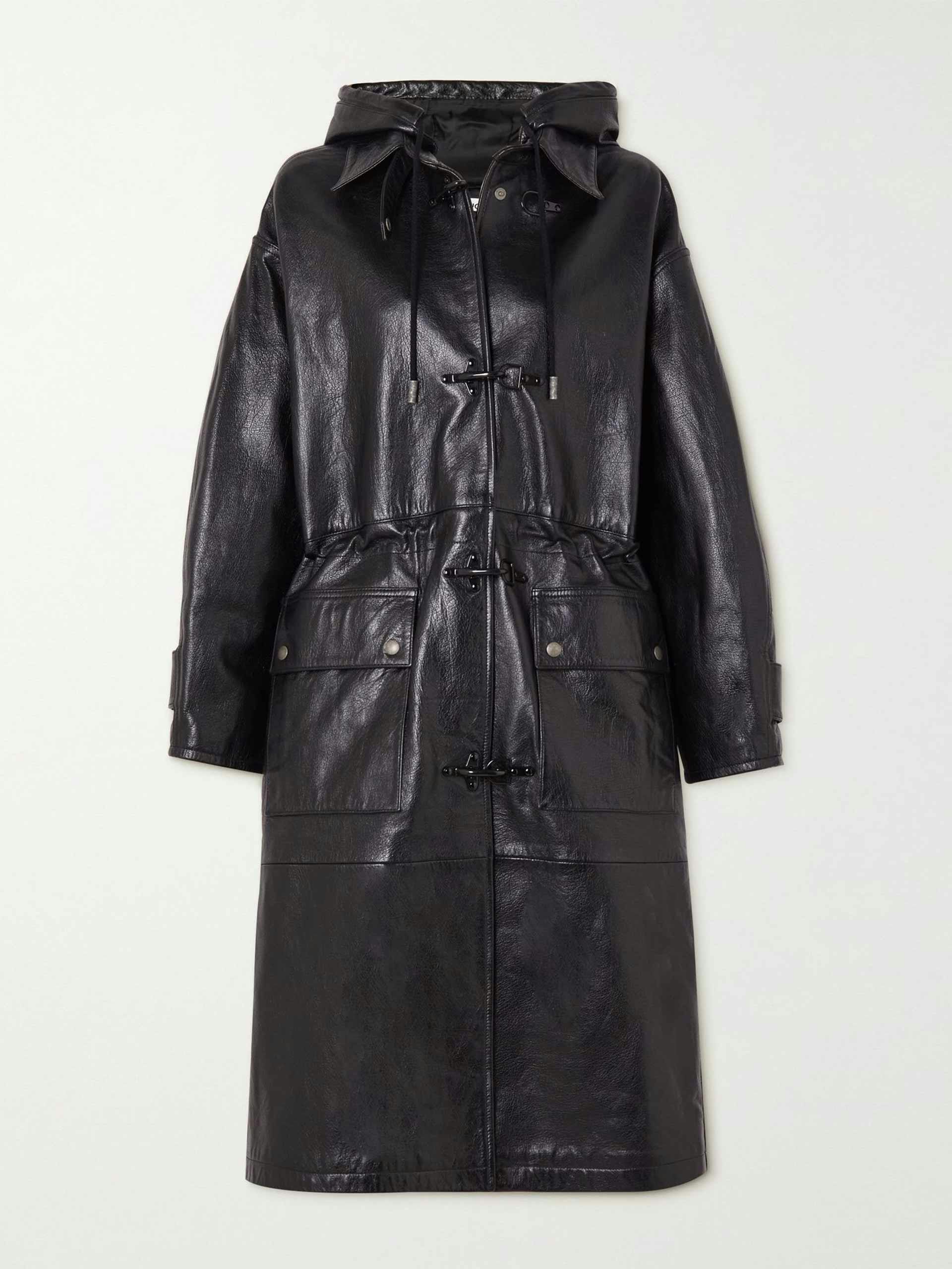 Oversized hooded leather coat