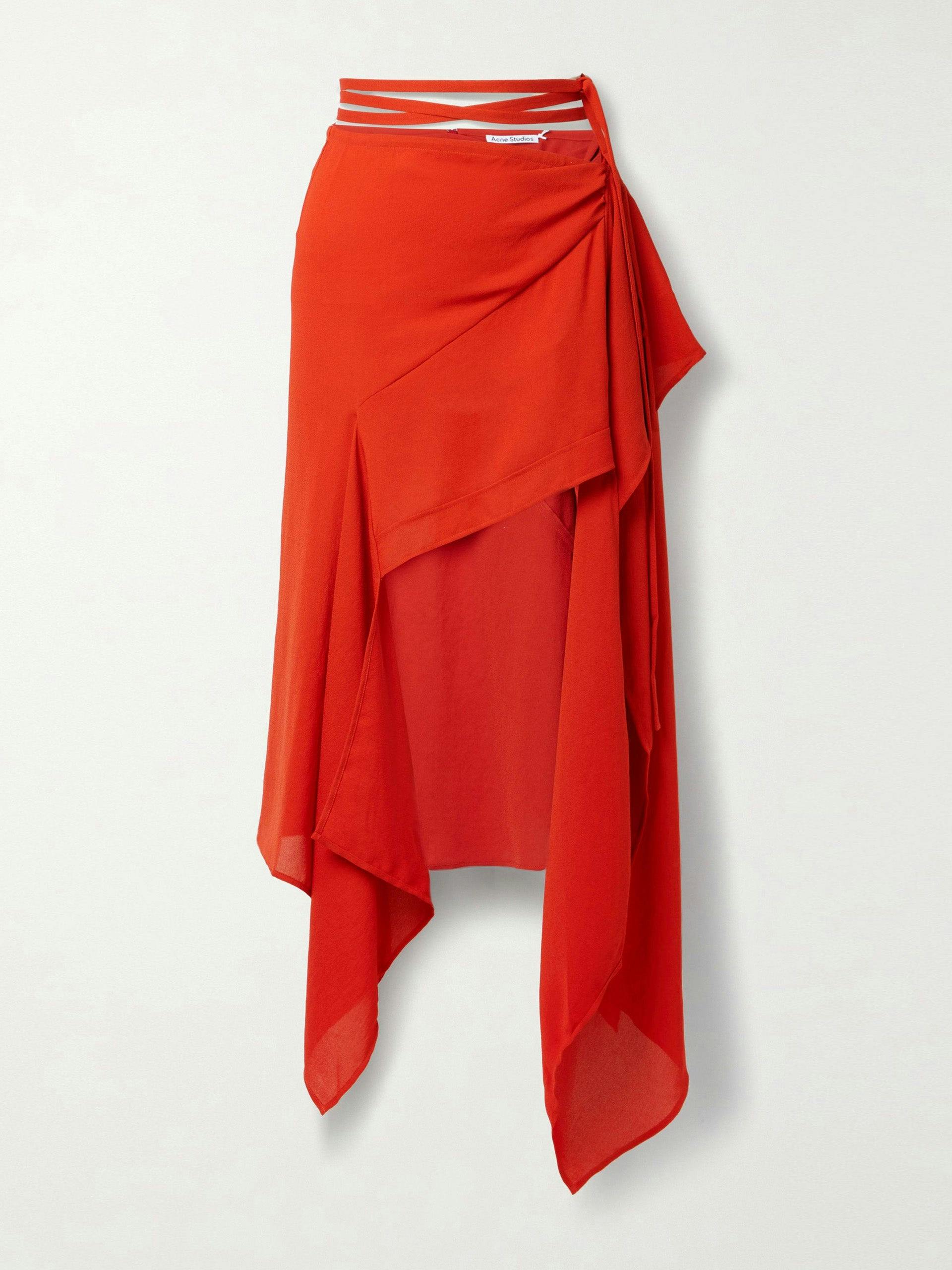 Red asymmetric midi skirt
