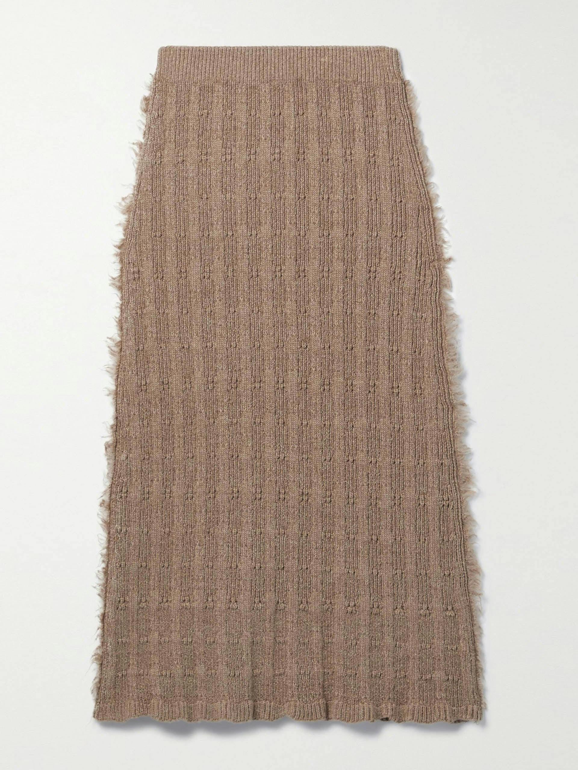 Frayed ribbed wool-blend midi skirt