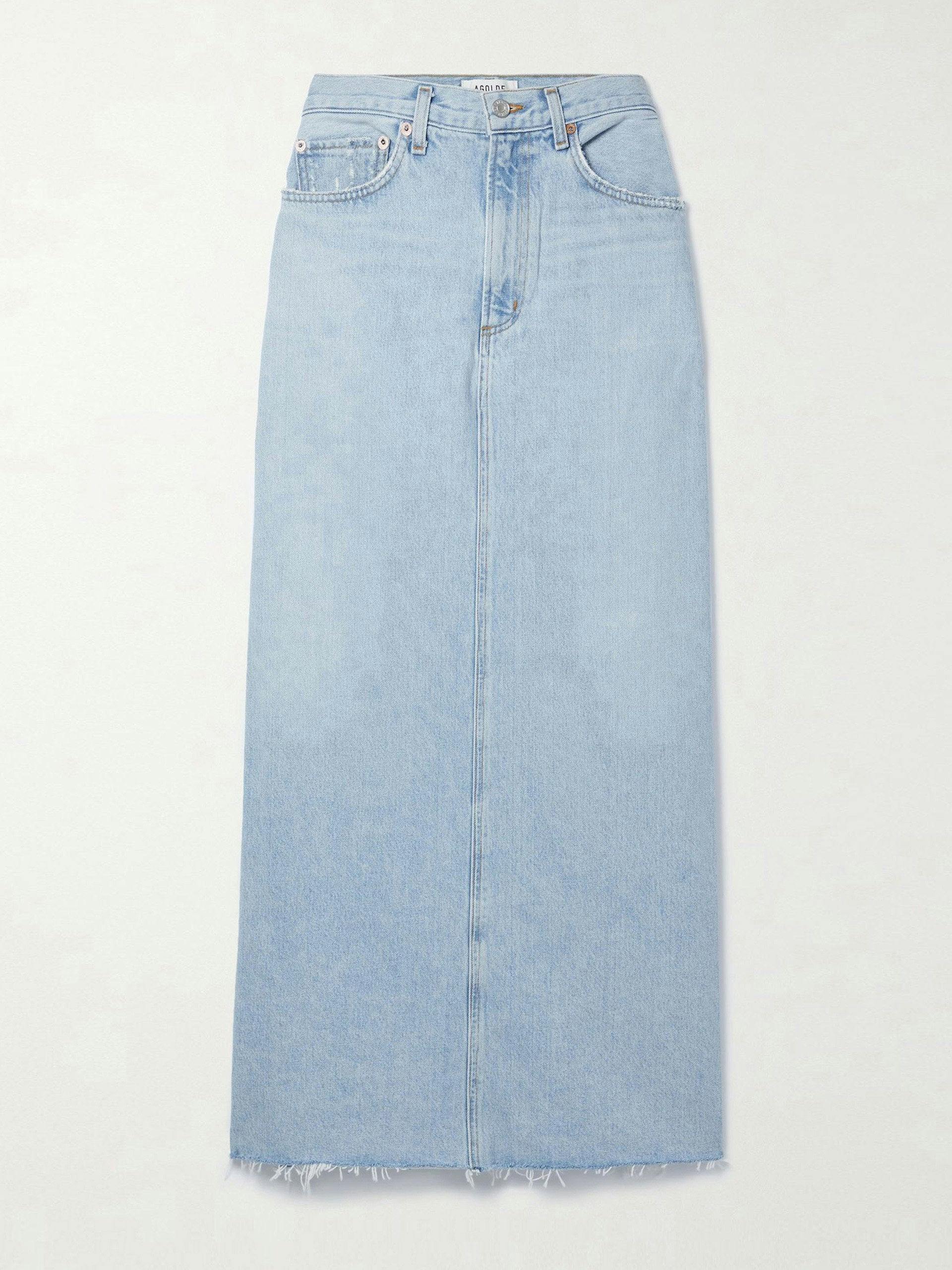 Organic denim frayed maxi skirt