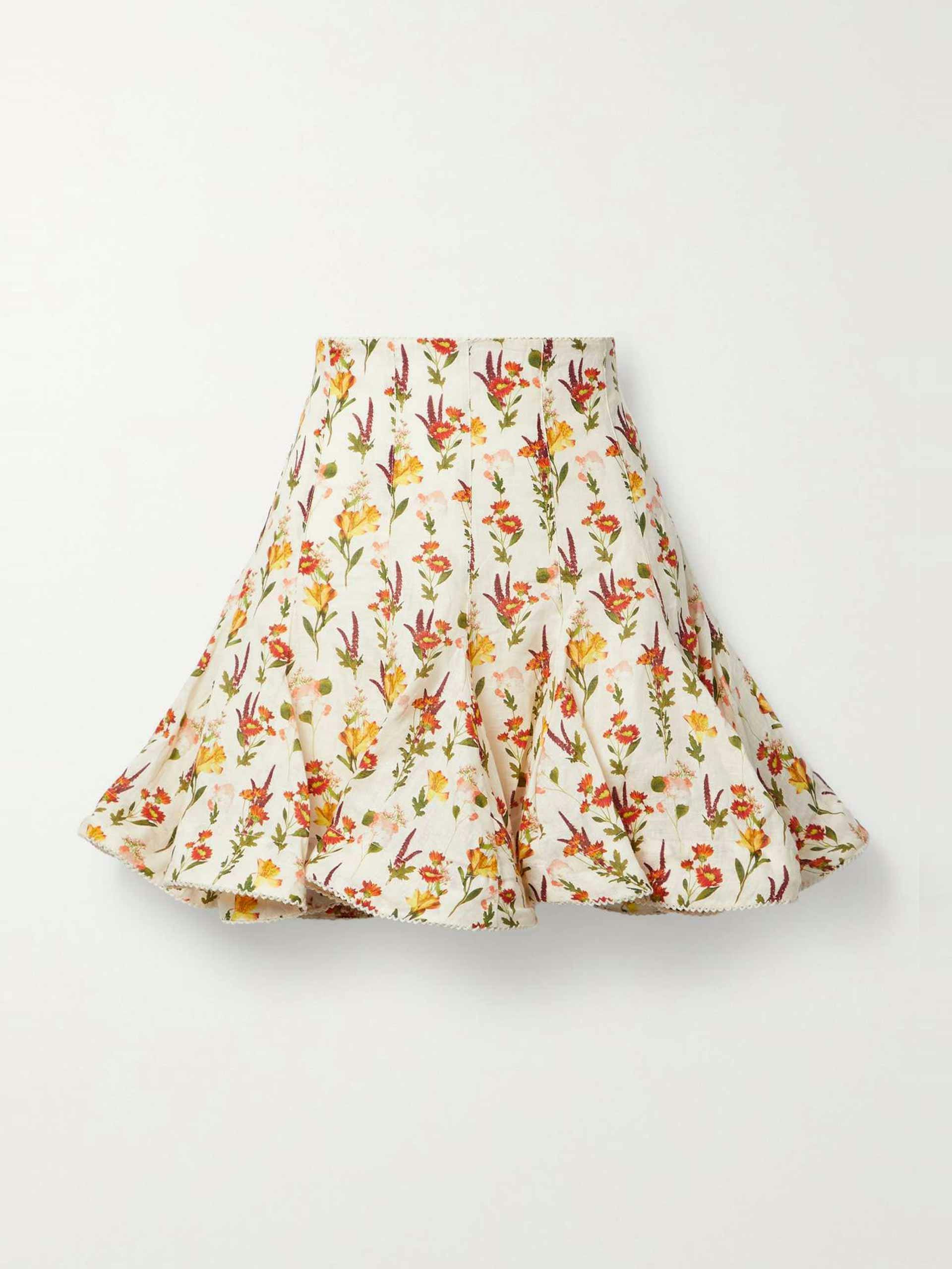 Crochet-trimmed floral-print linen mini skirt