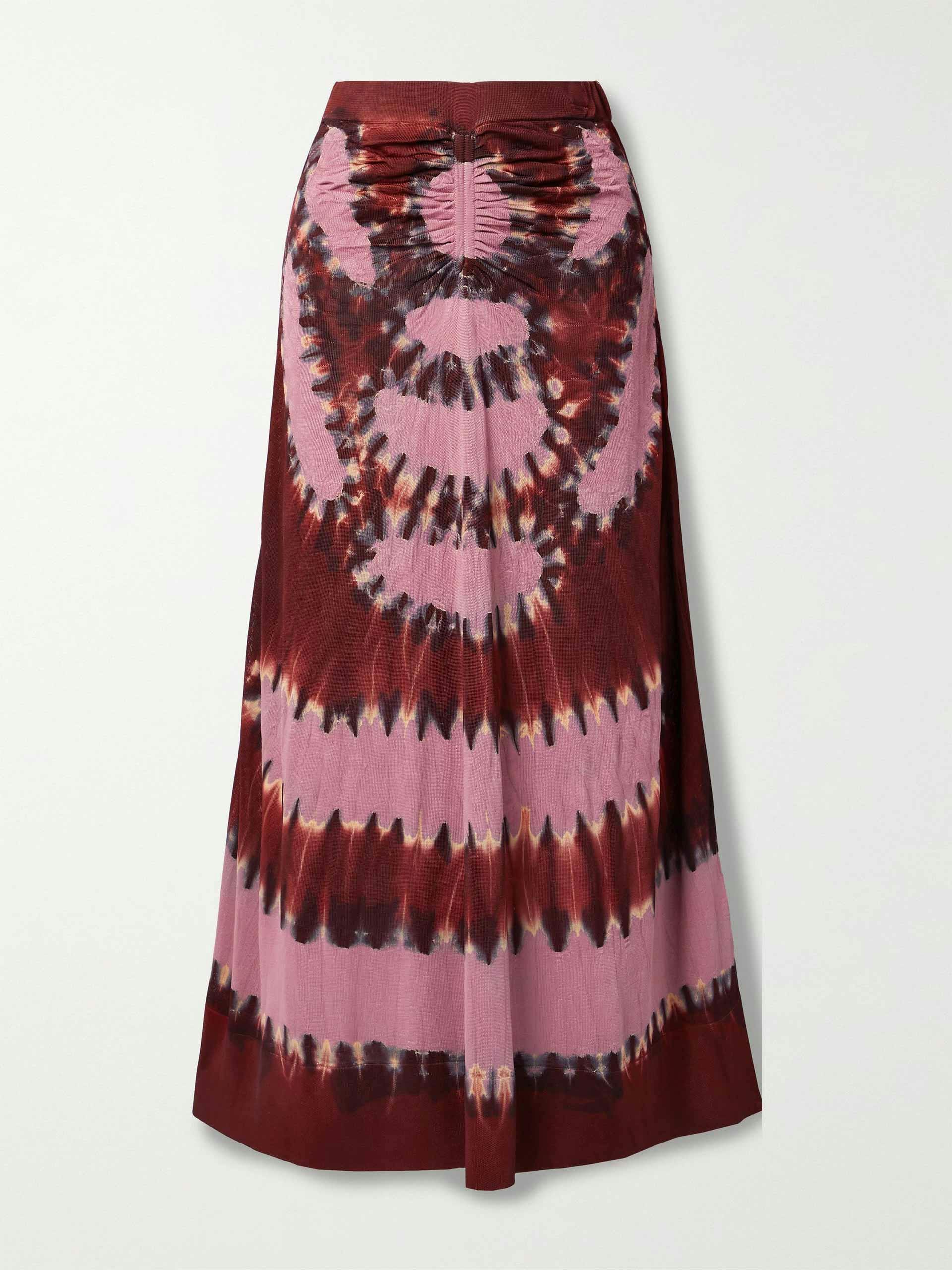Arroyo ruched tie-dyed knitted midi skirt