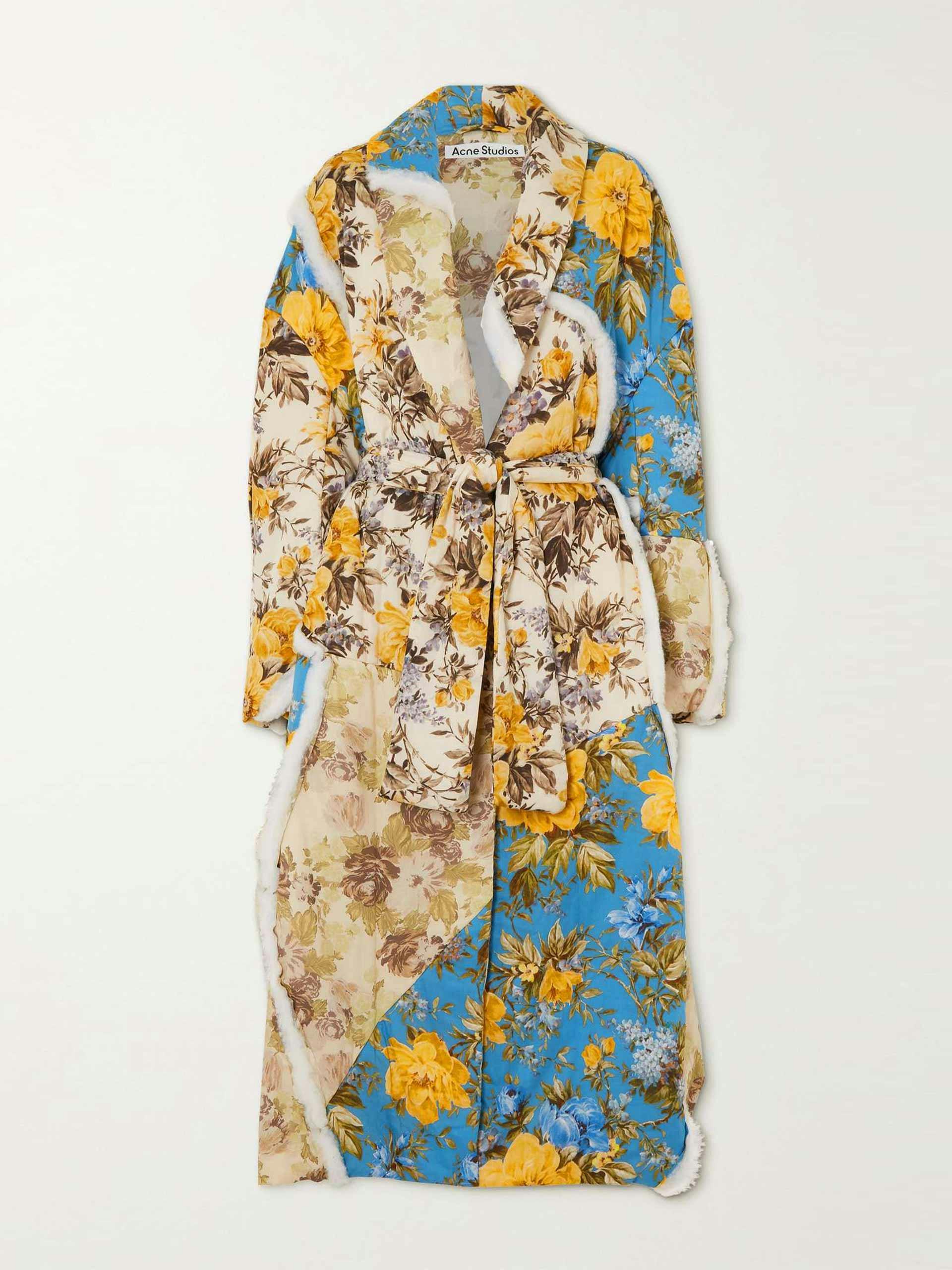 Belted cotton-trimmed floral-print cotton-shell coat