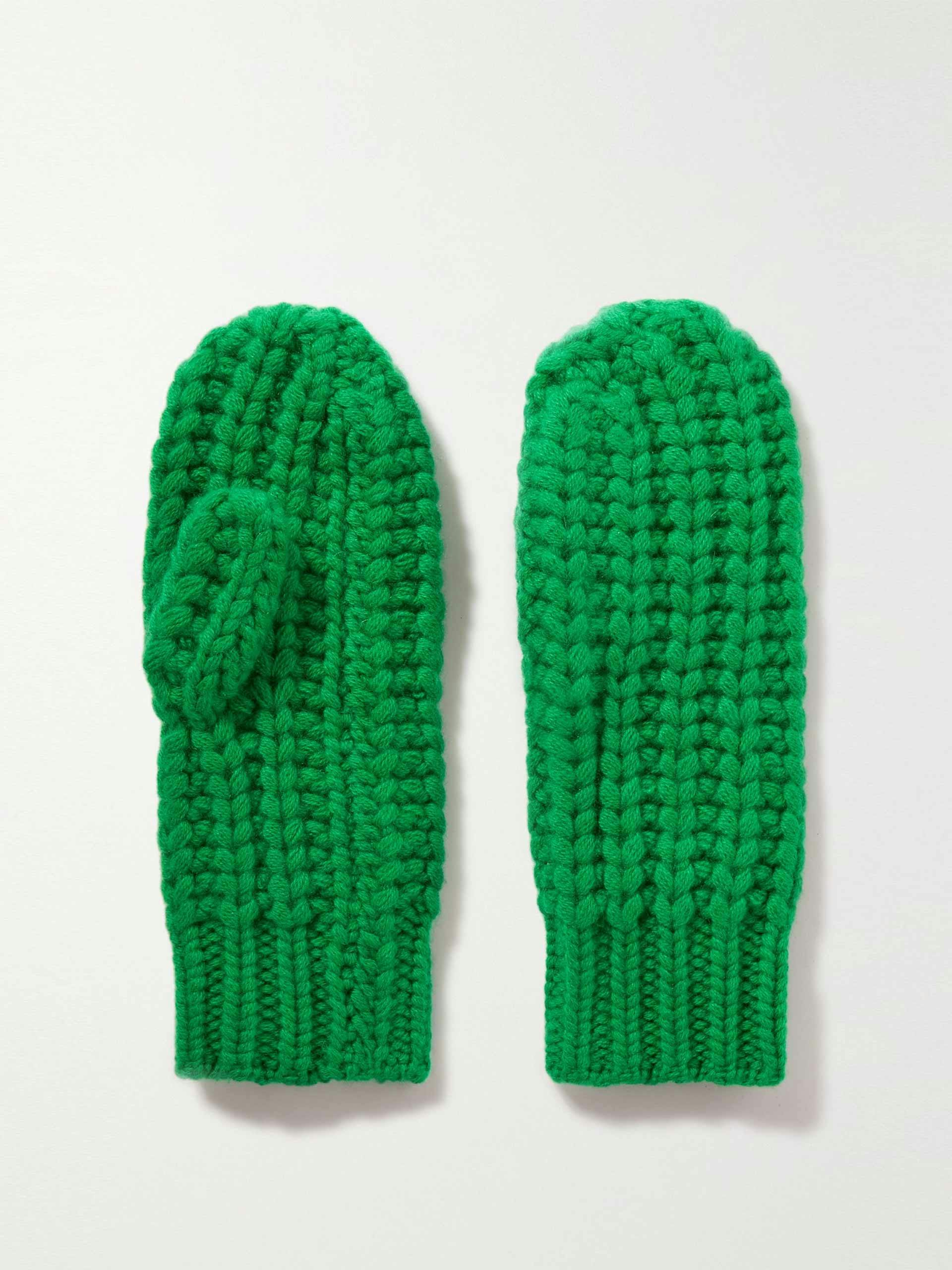 Green knitted mittens
