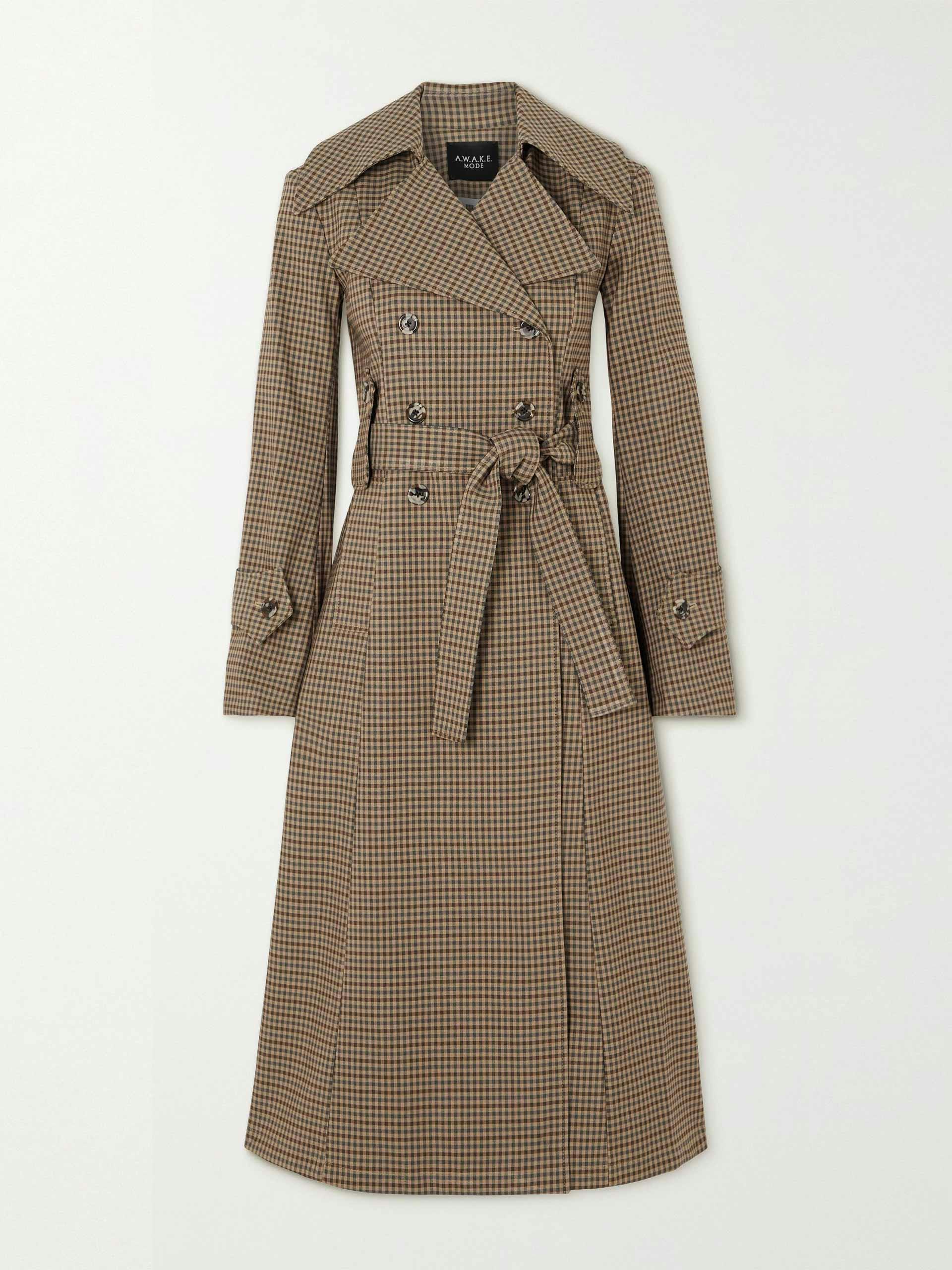 Belted double-breasted checked cotton-blend trench coat