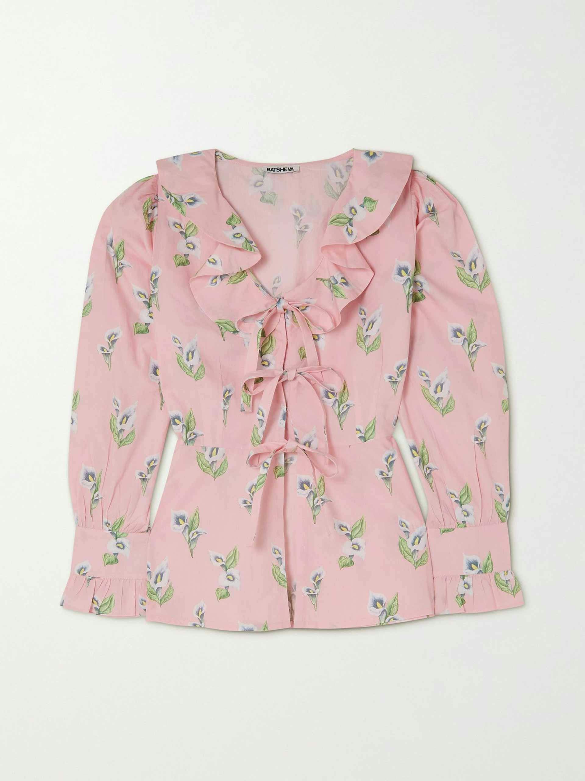 Floral ruffled tie-front blouse