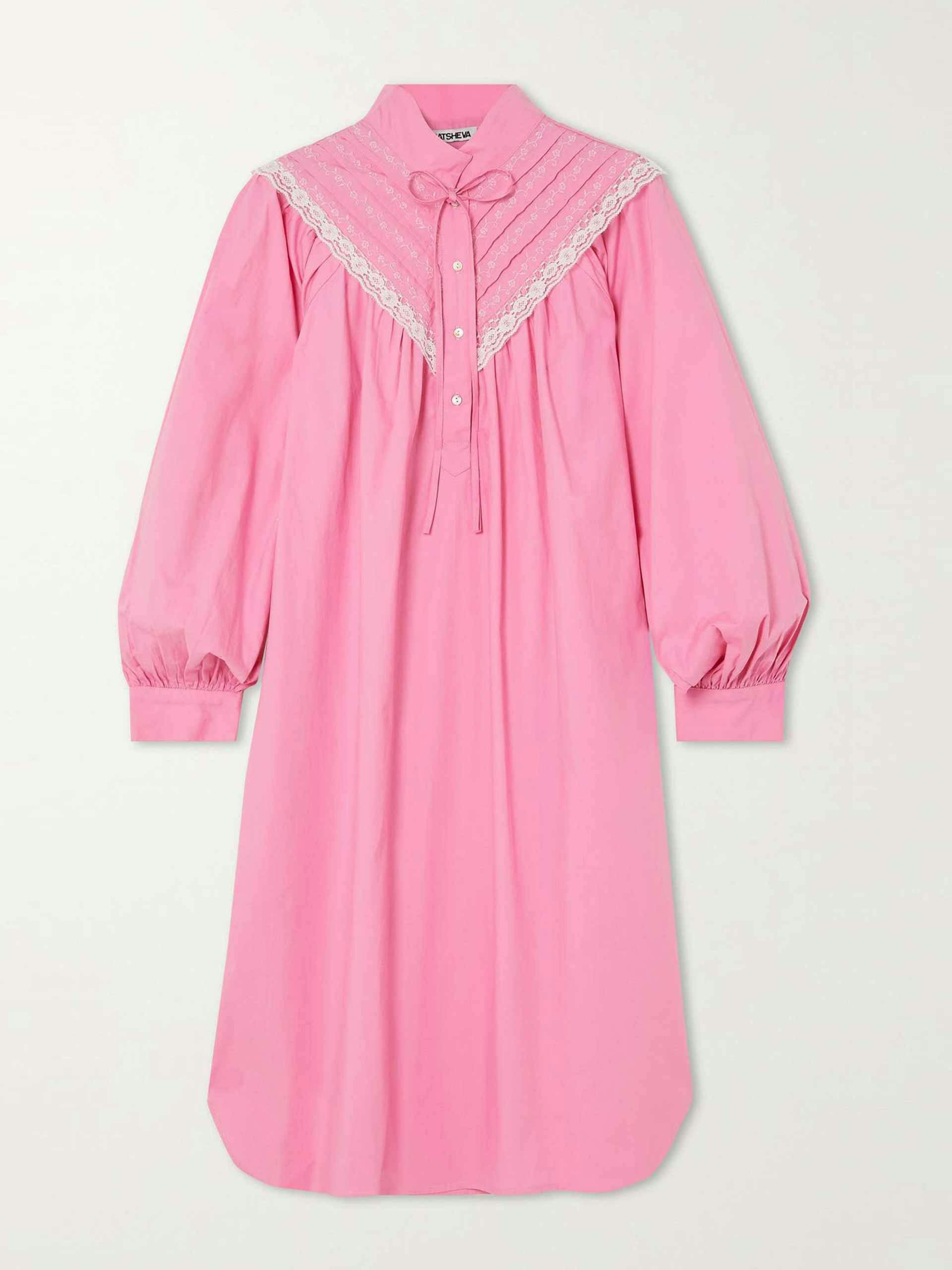 Lace-trimmed embroidered cotton-poplin midi dress