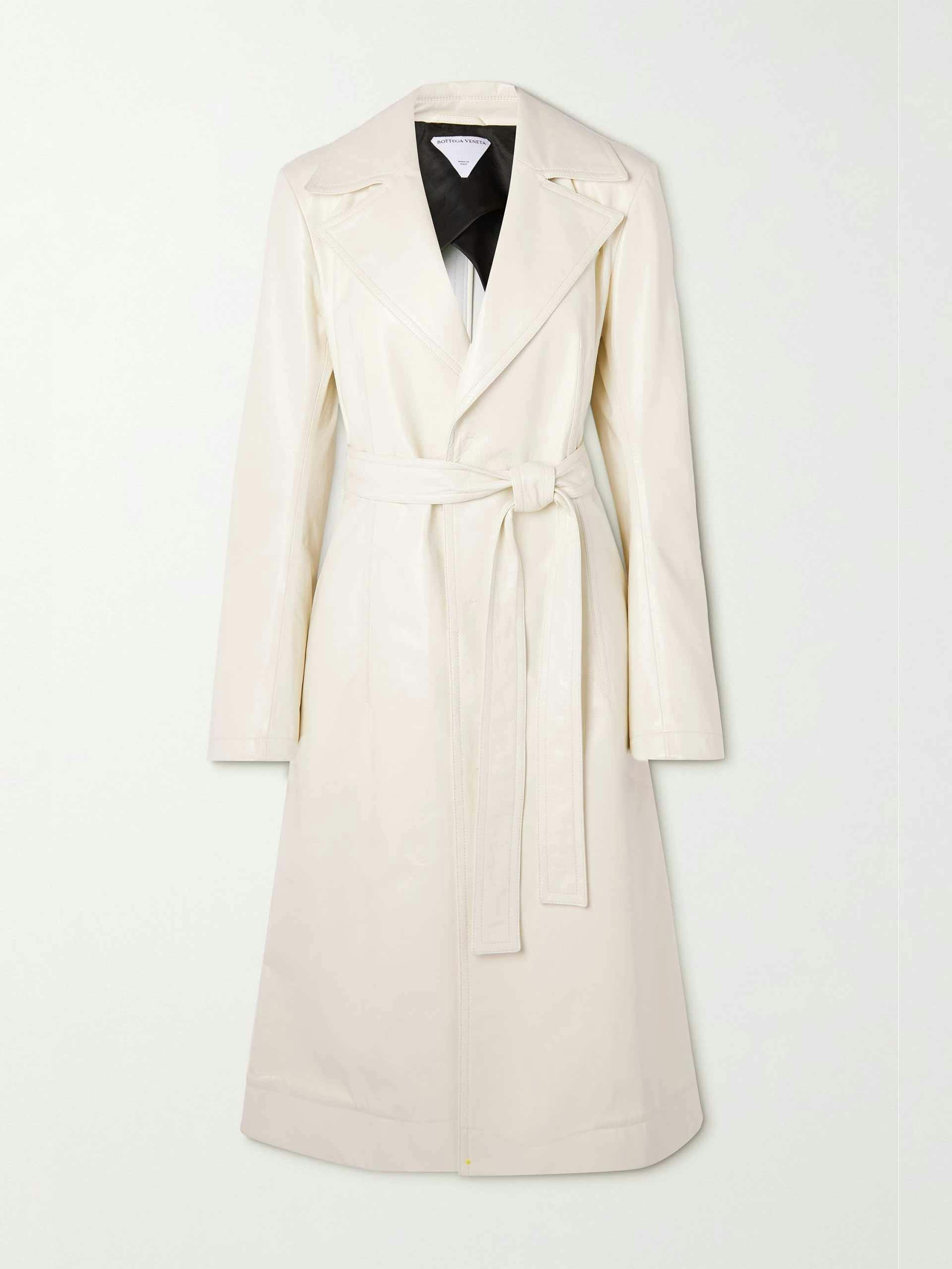 Belted textured-leather trench coat
