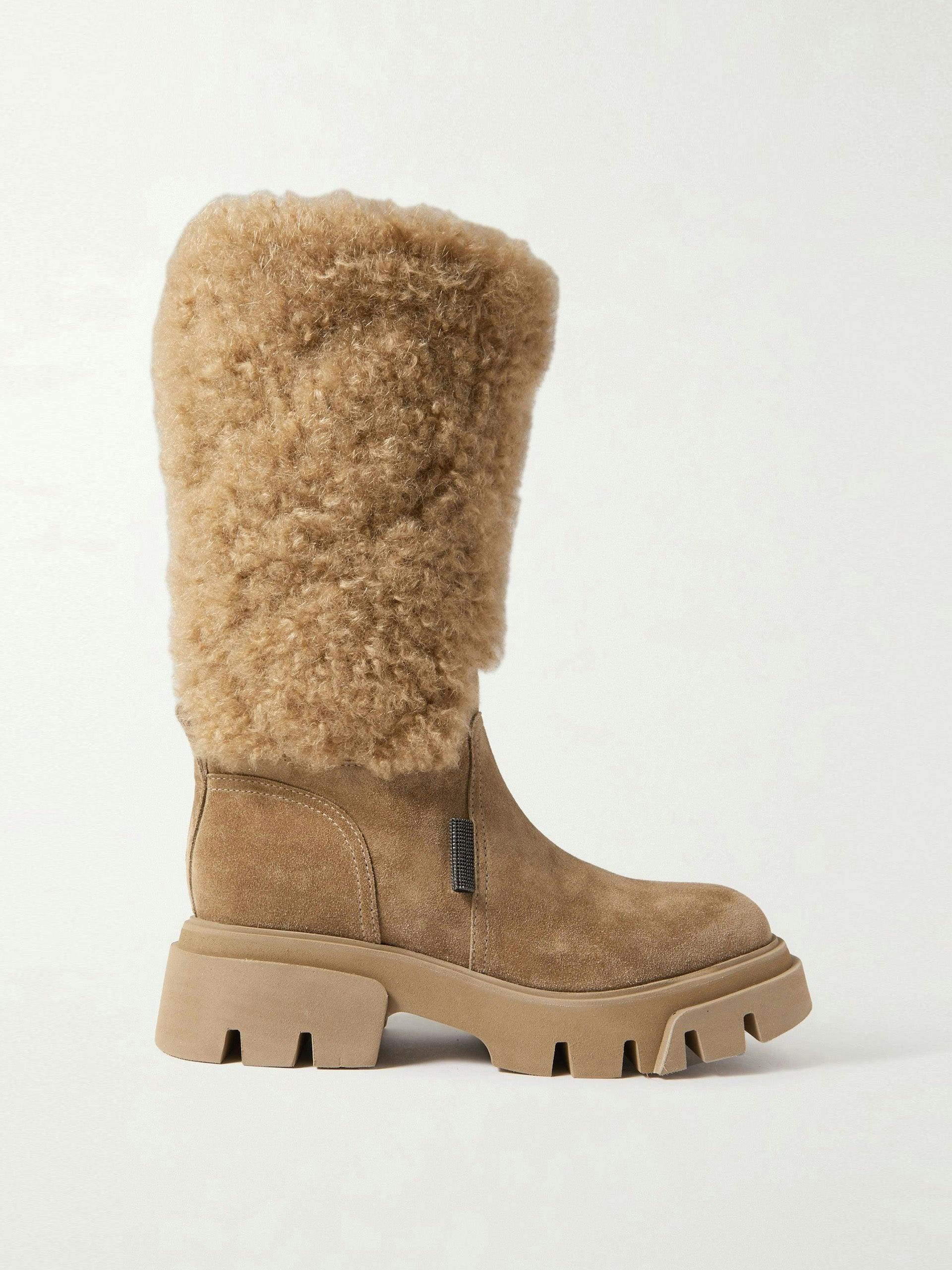 Beige shearling and suede ankle boots