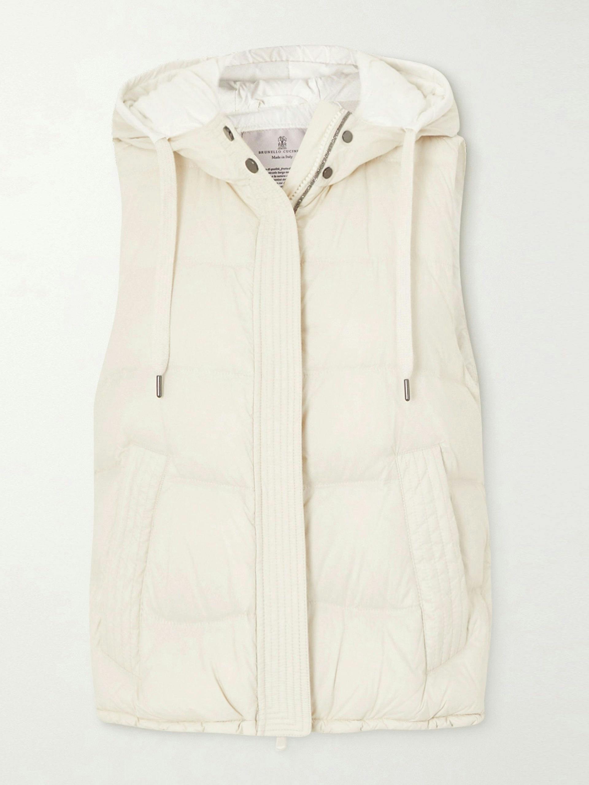 Cream hooded quilt shell down vest
