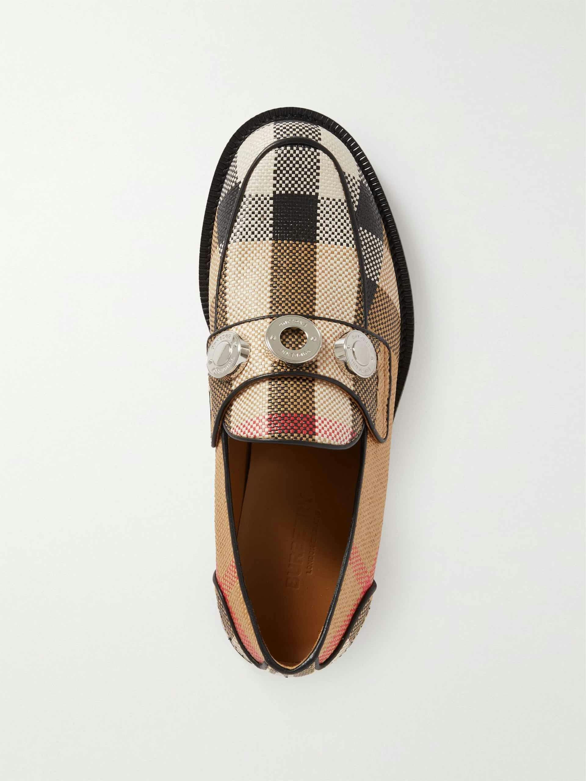 Embellished leather-trimmed checked raffia loafers