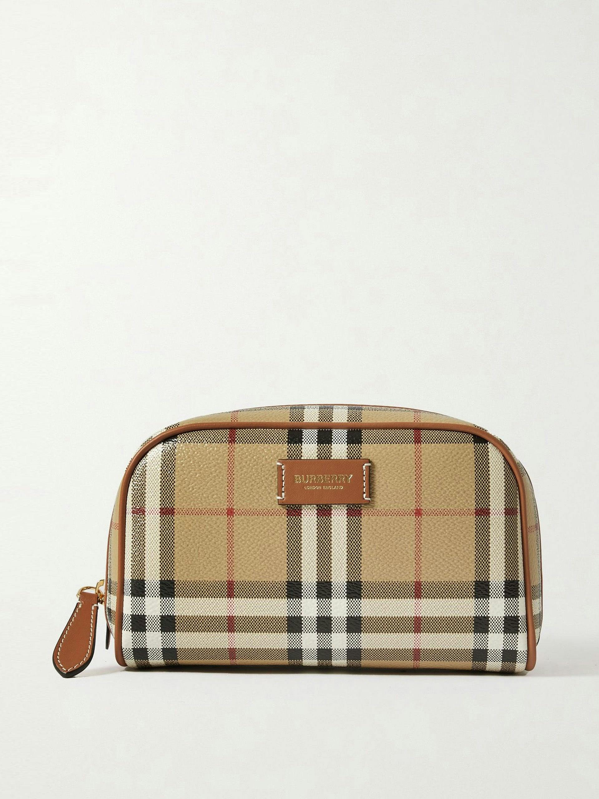 Leather trimmed checked makeup case