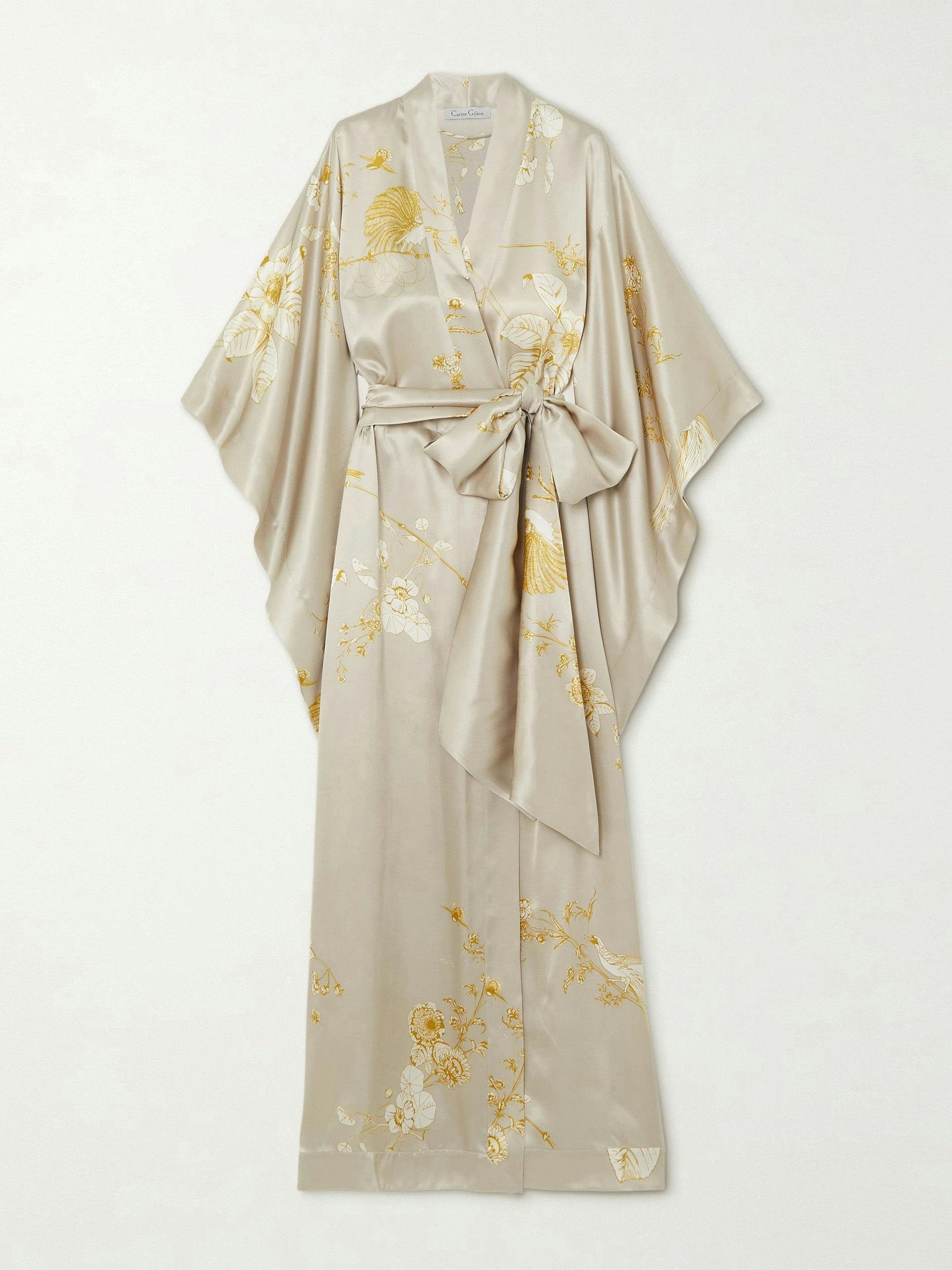 Belted floral-print silk-satin robe
