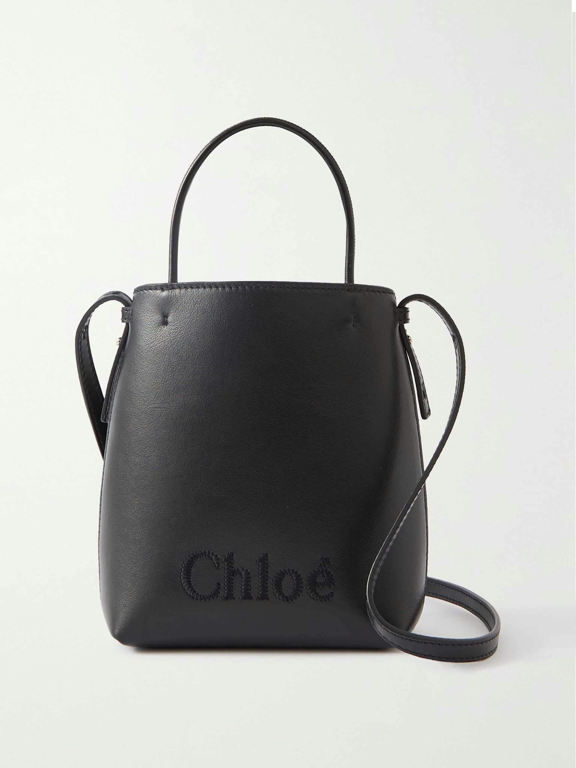 Embroidered black leather tote