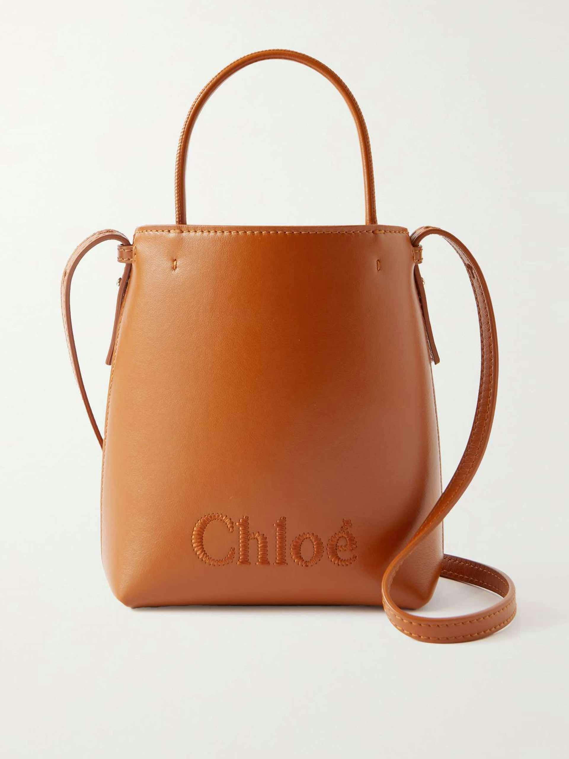 Embroidered tan leather tote