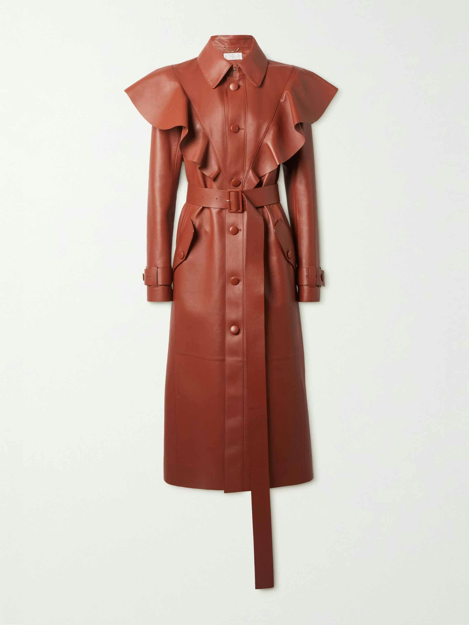 Belted ruffled leather trench coat