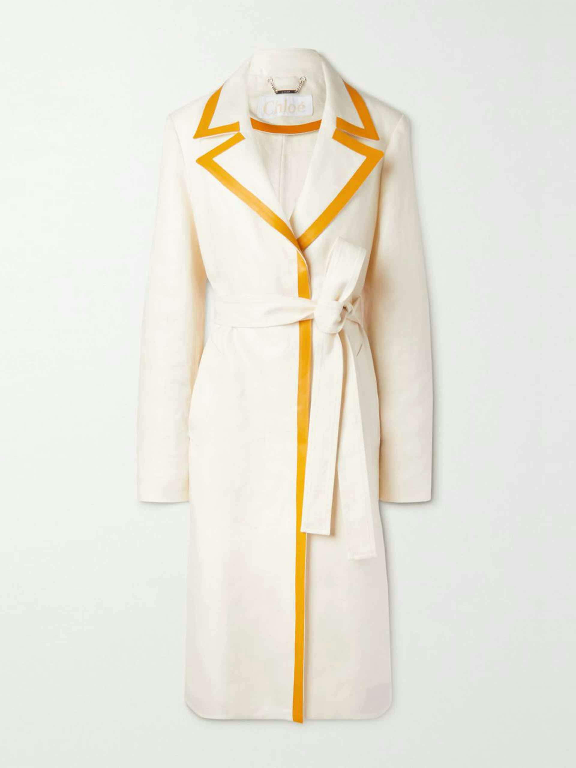 Leather-trimmed linen-canvas trench coat
