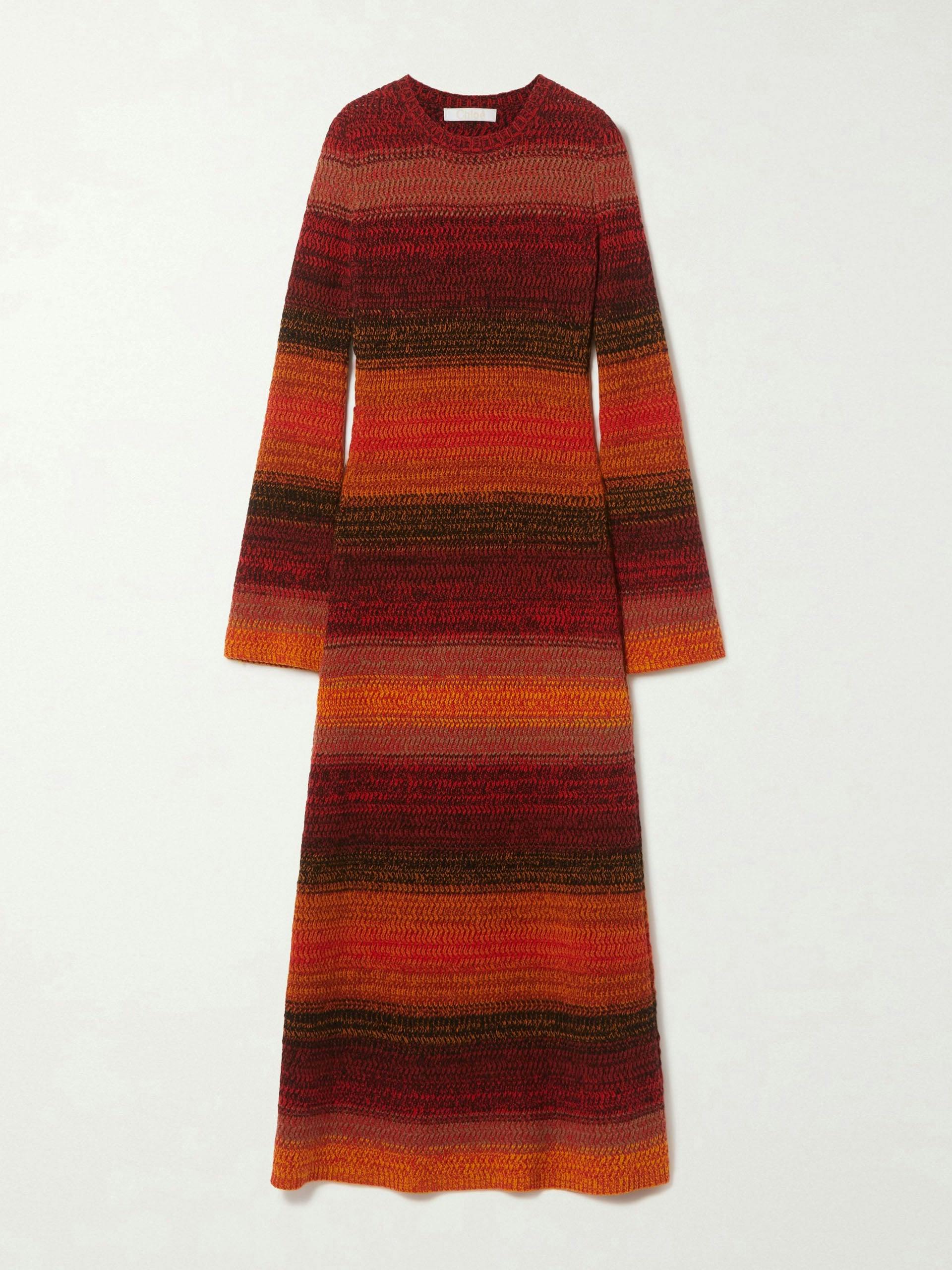 Red striped ribbed cashmere maxi dress