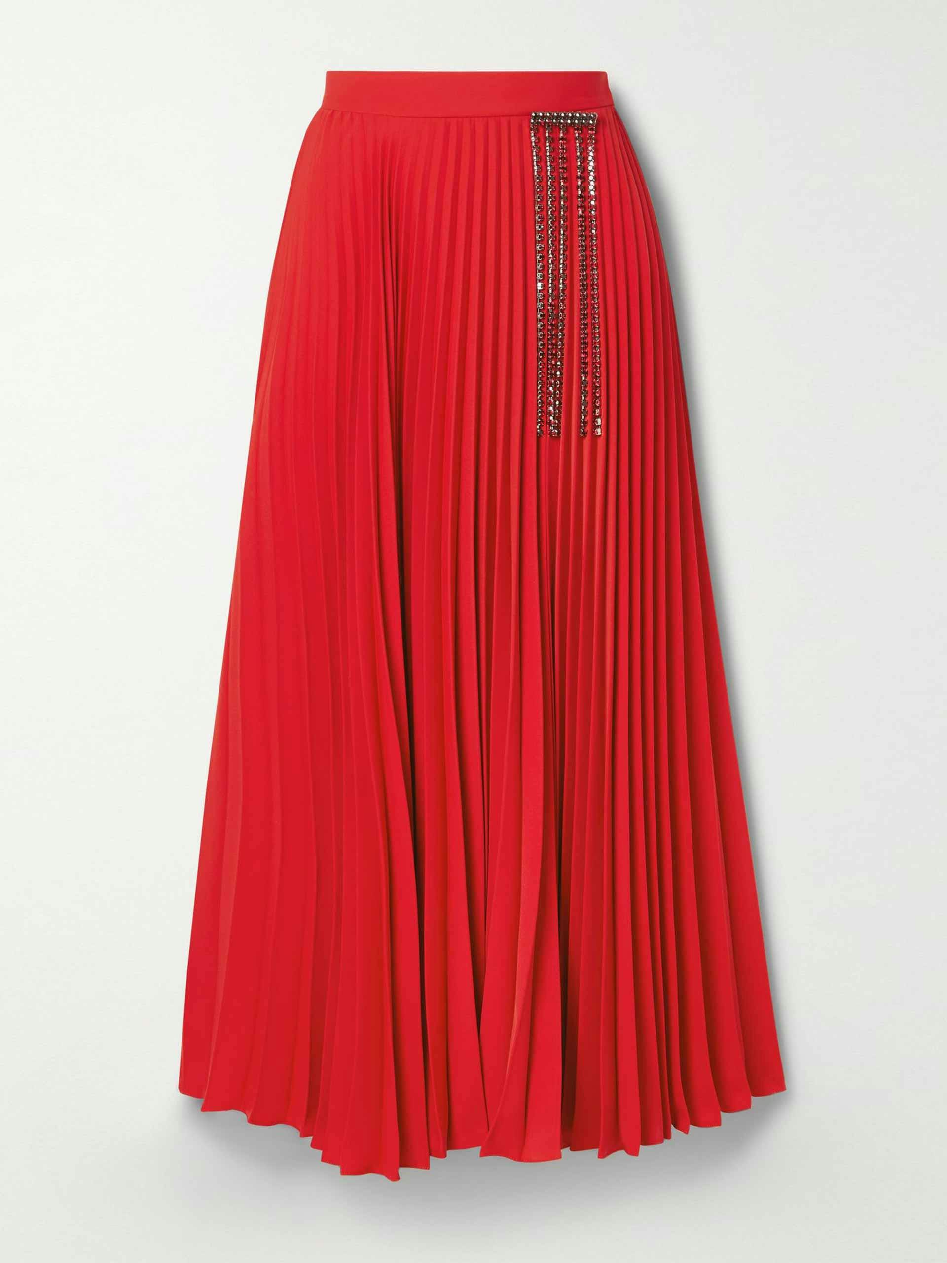 Crystal-embellished pleated crepe midi skirt