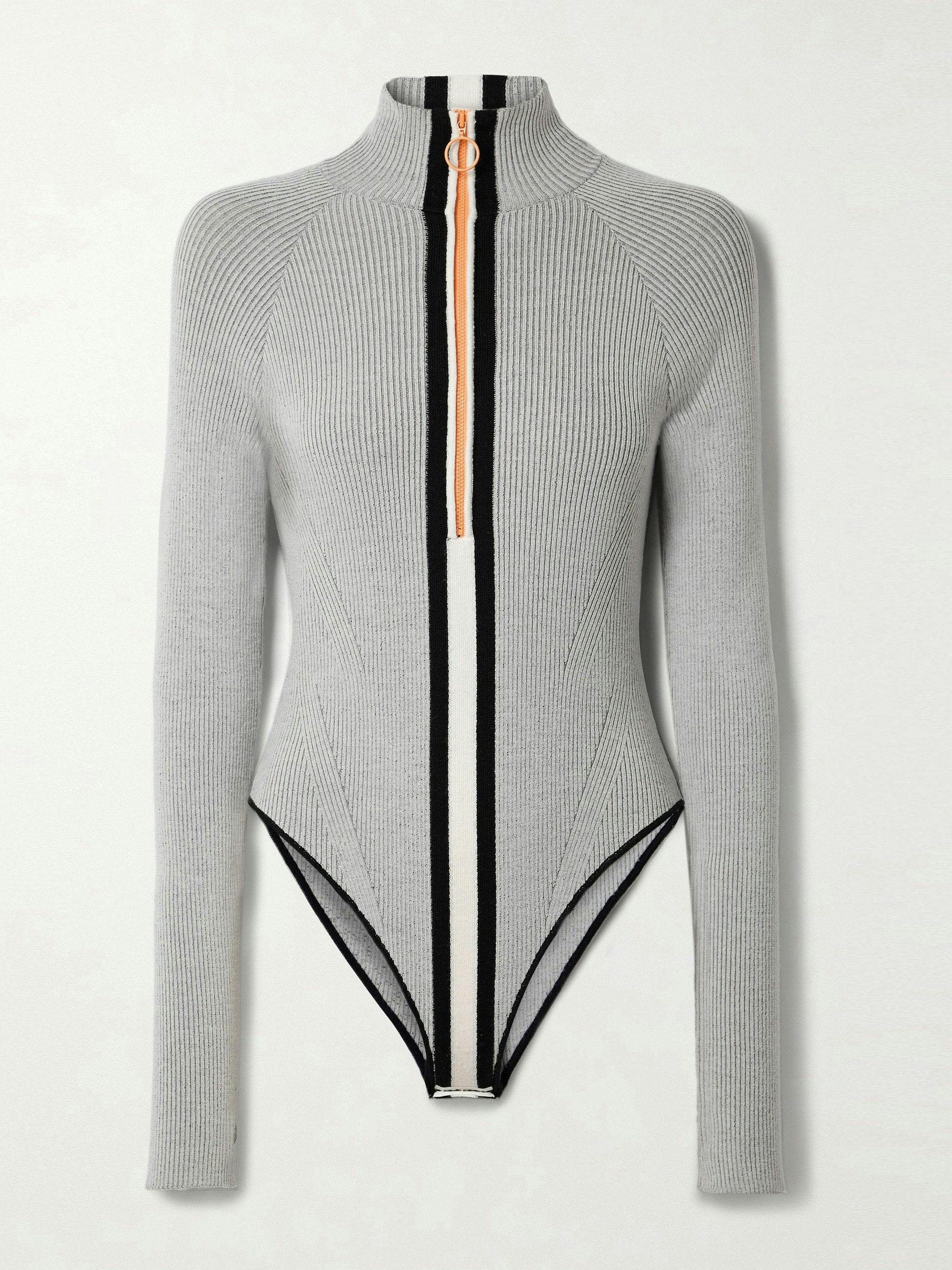 Grey striped merino wool-blend bodysuit