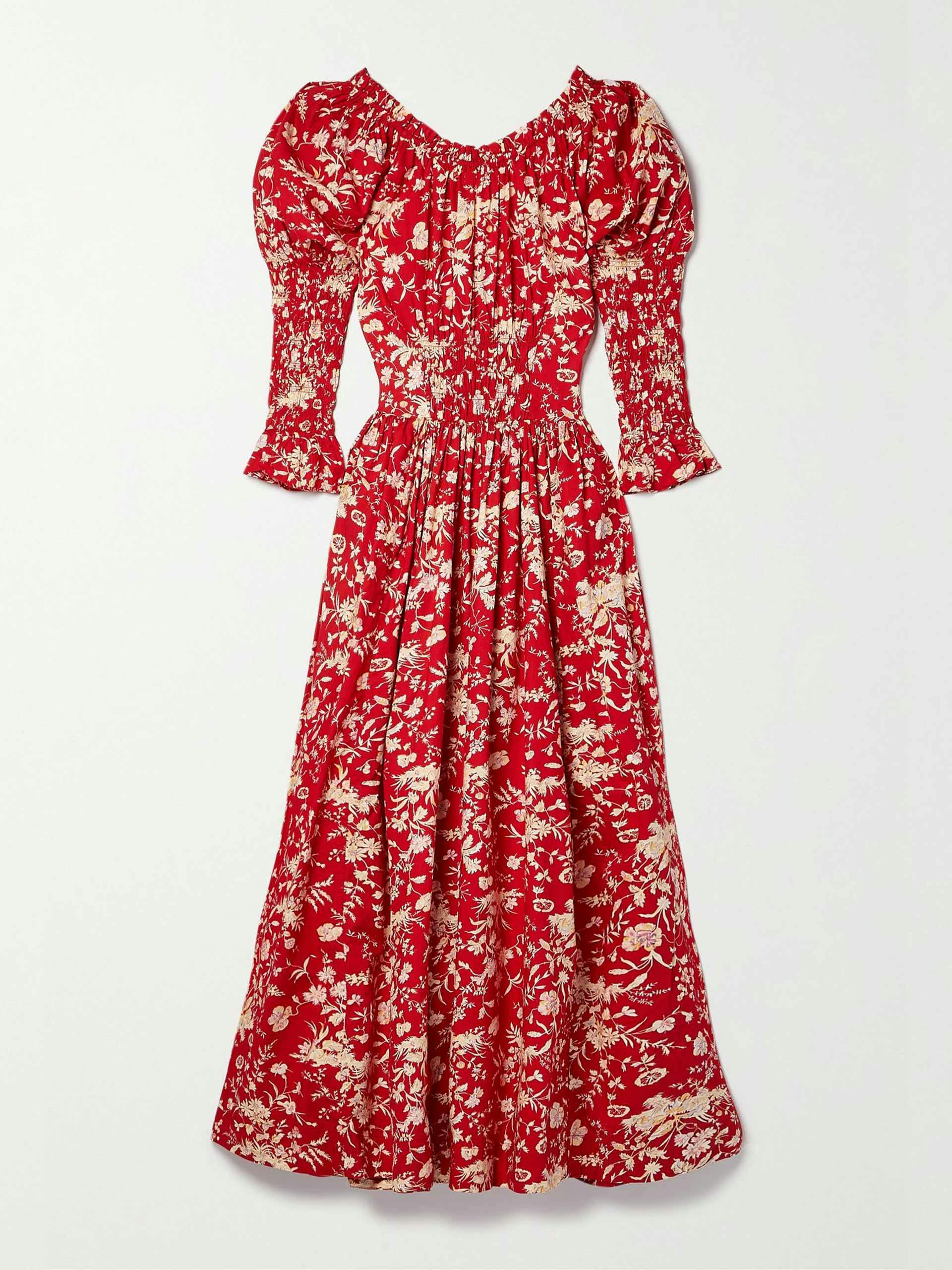 Meribel shirred floral-print cotton-voile midi dress