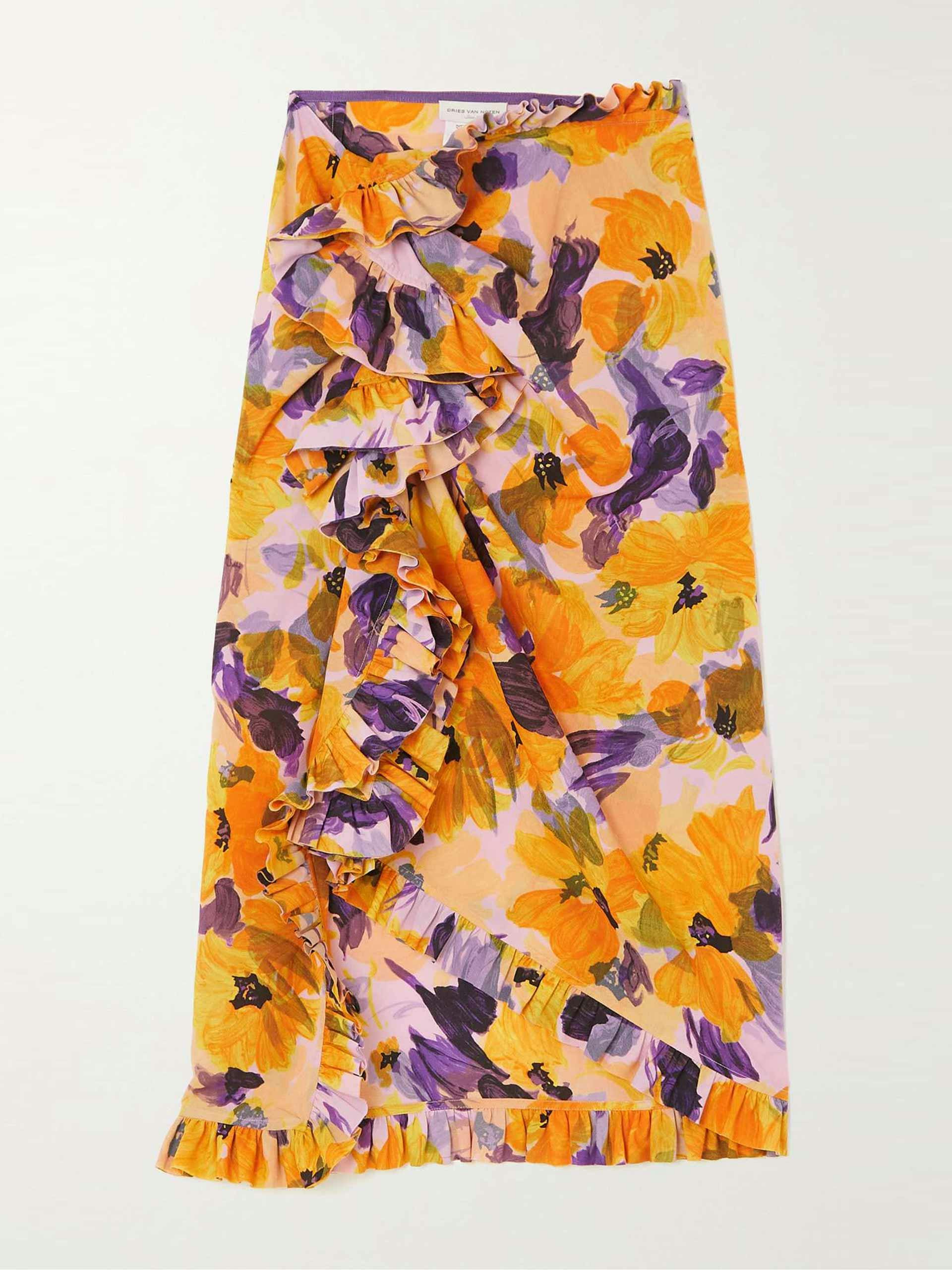 Wrap-effect ruffled floral-print skirt