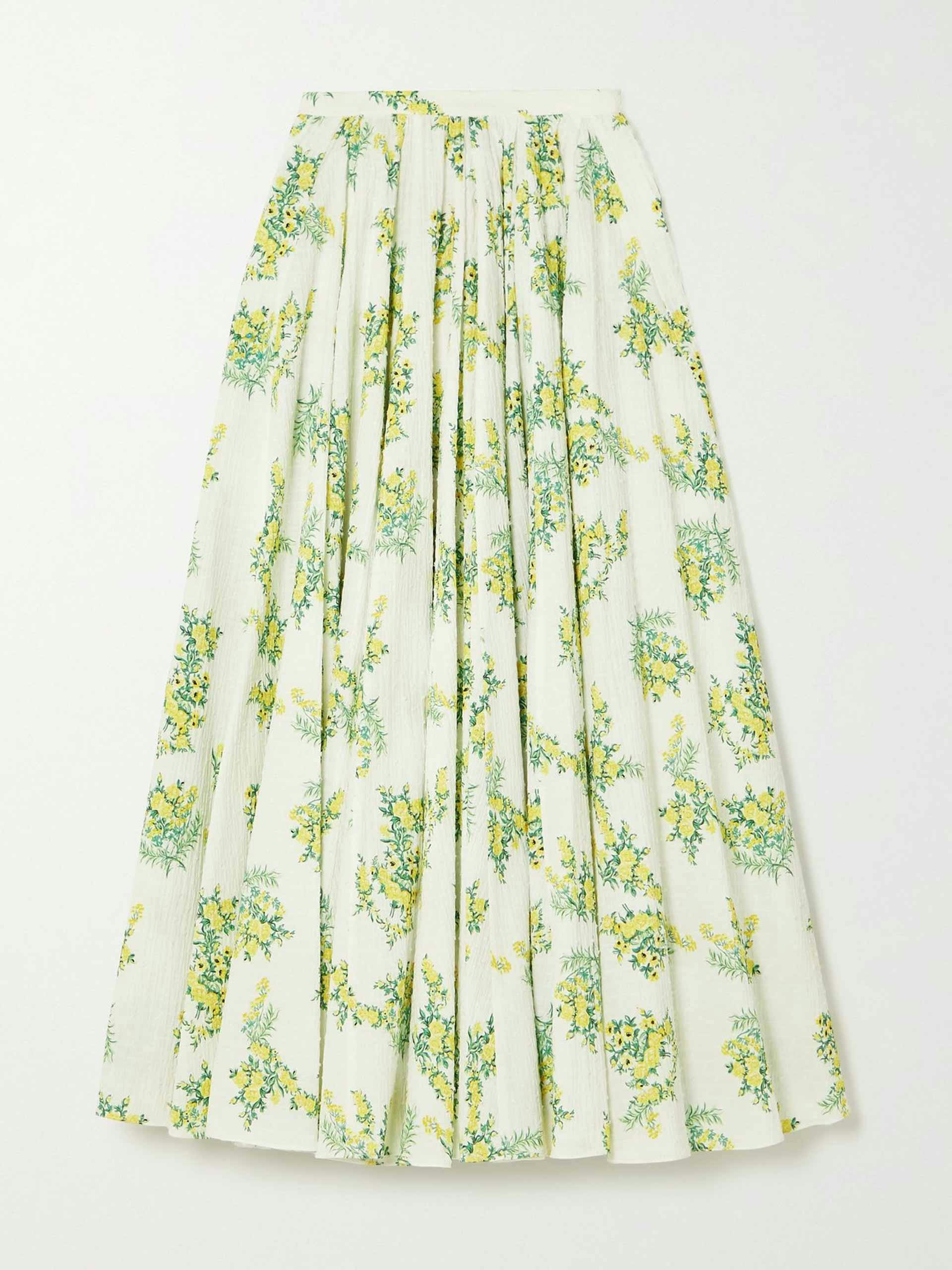 White and green floral seersucker midi skirt
