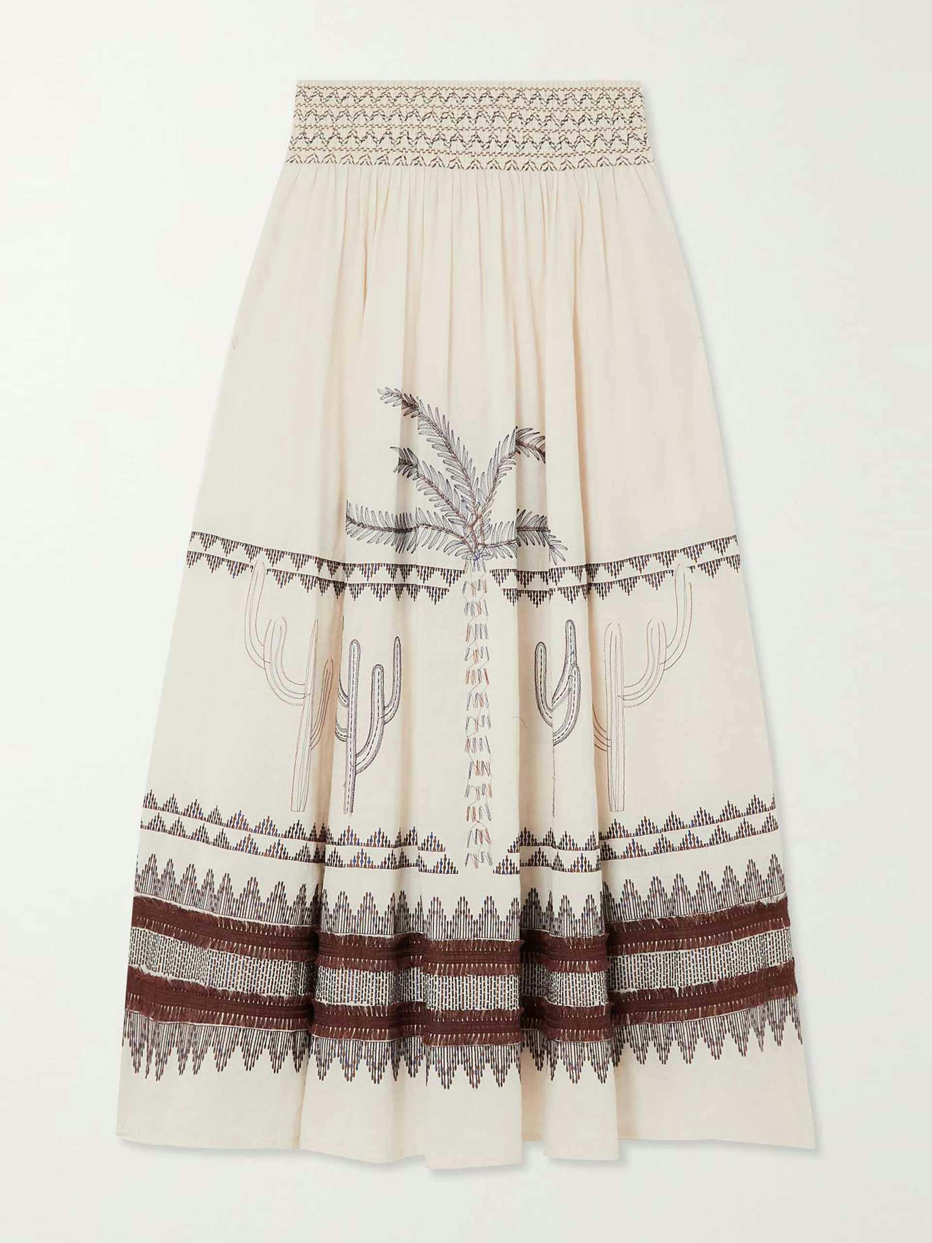 Embroidered linen and cotton blend maxi skirt