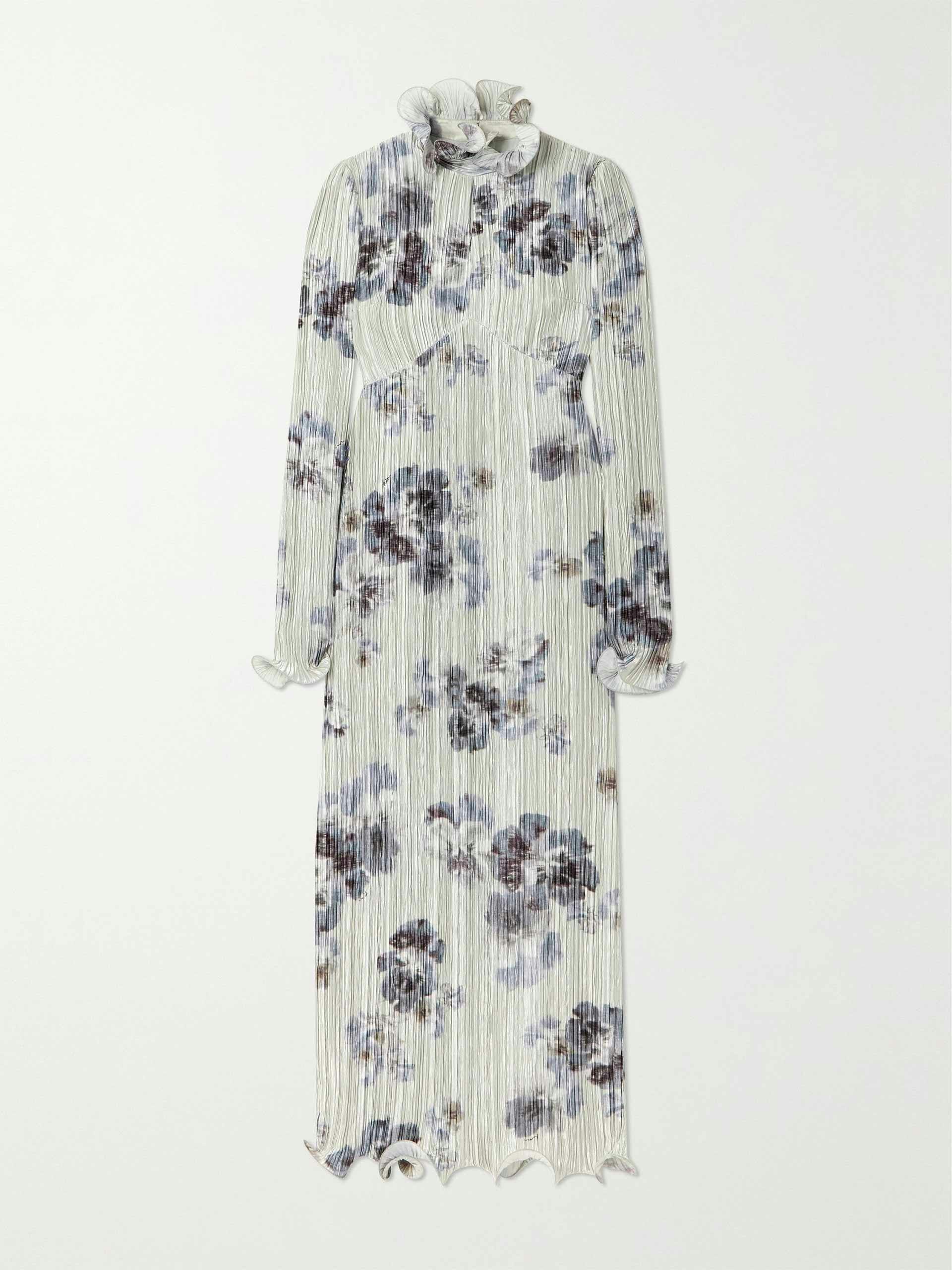 Novella ruffled printed plissé stretch-satin gown