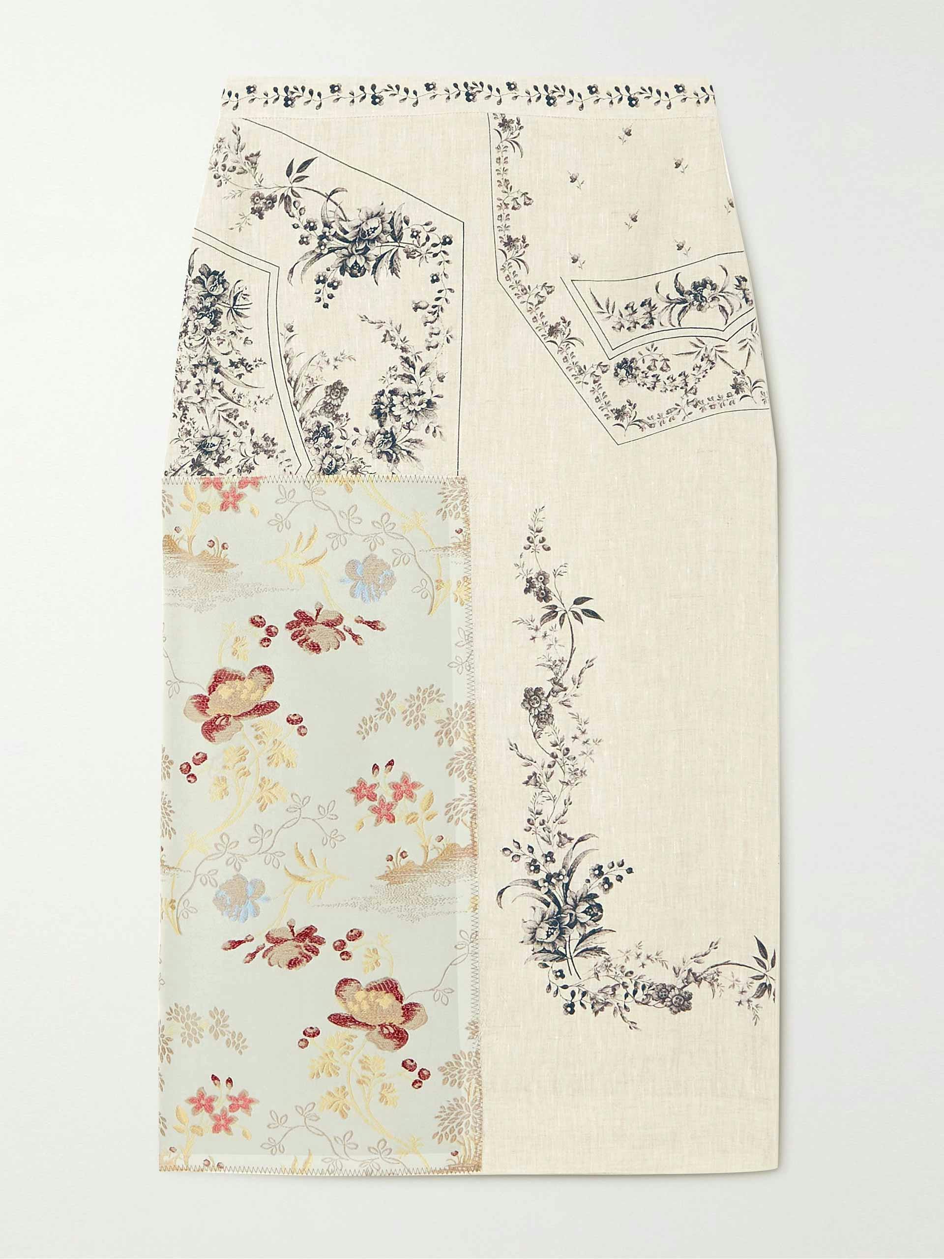 Patchwork linen and brocade midi skirt