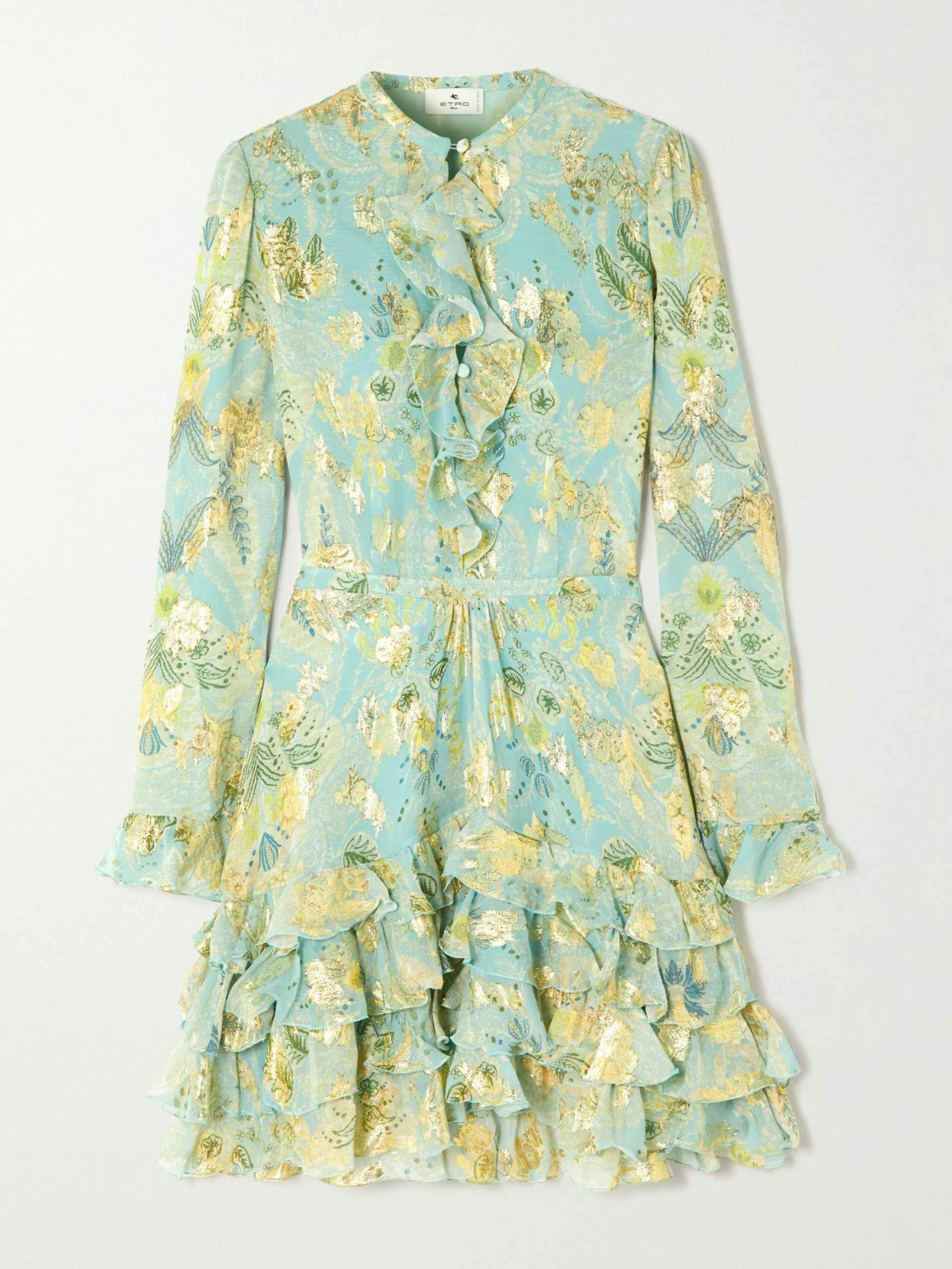 Ruffled metallic floral-jacquard silk-chiffon mini dress
