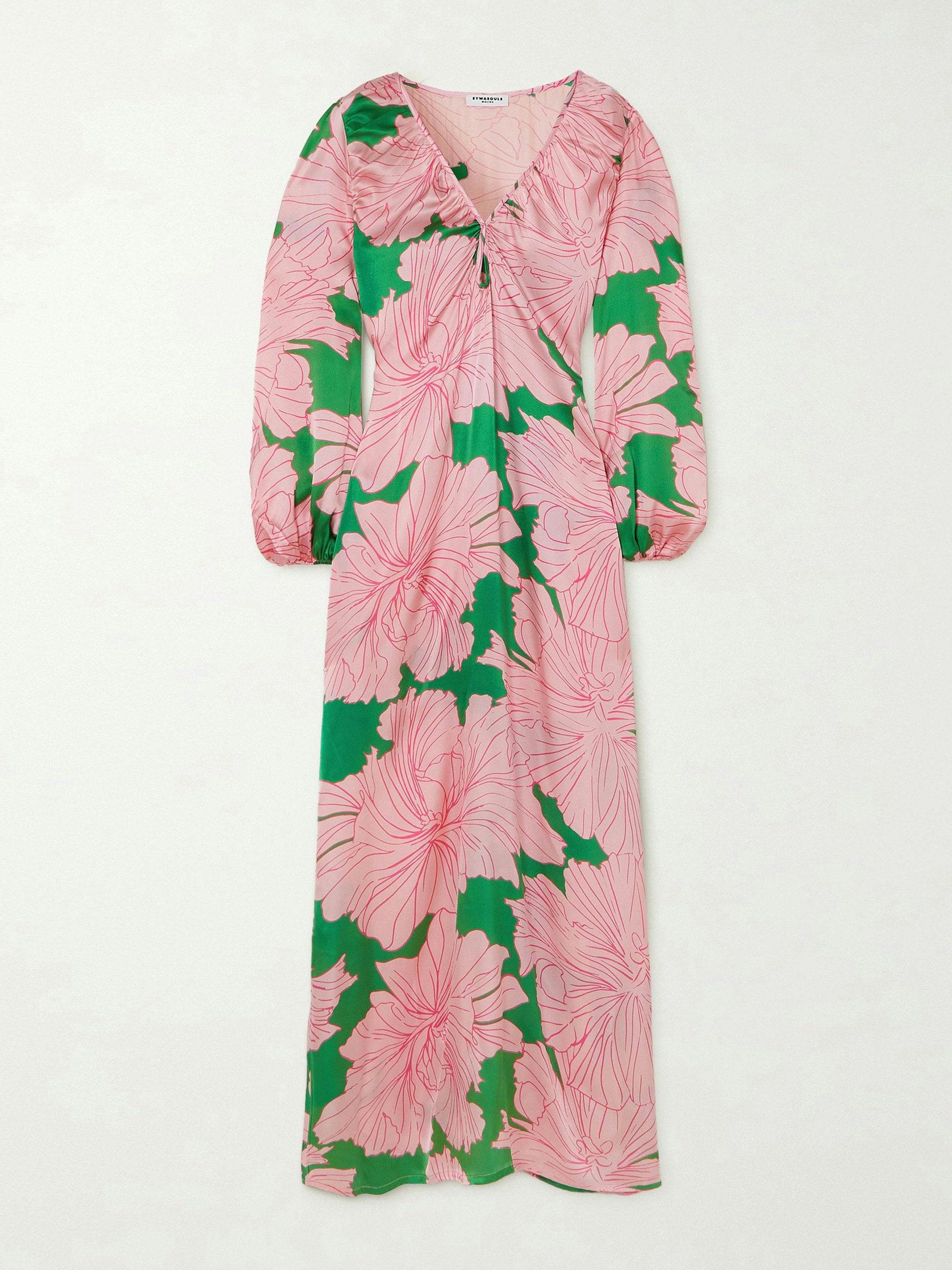 Pink and green floral-print silk maxi dress