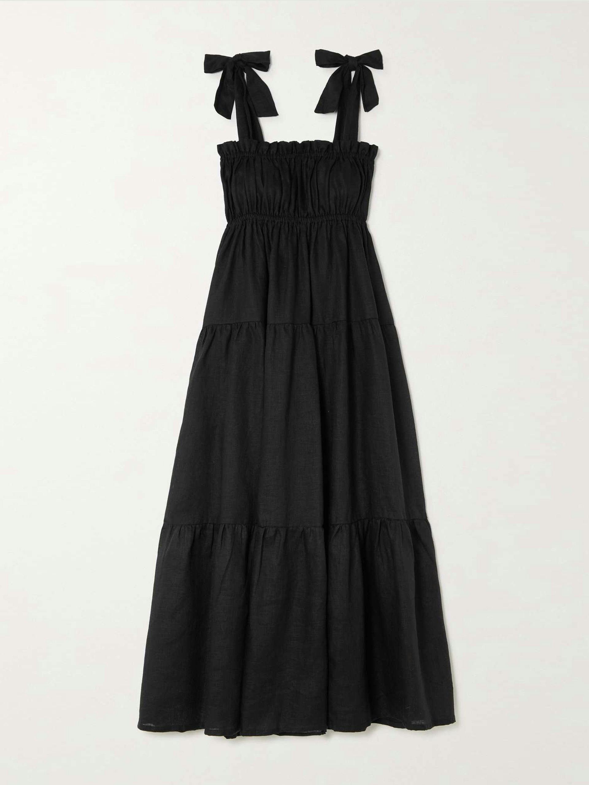 Black smocked tiered linen midi dress