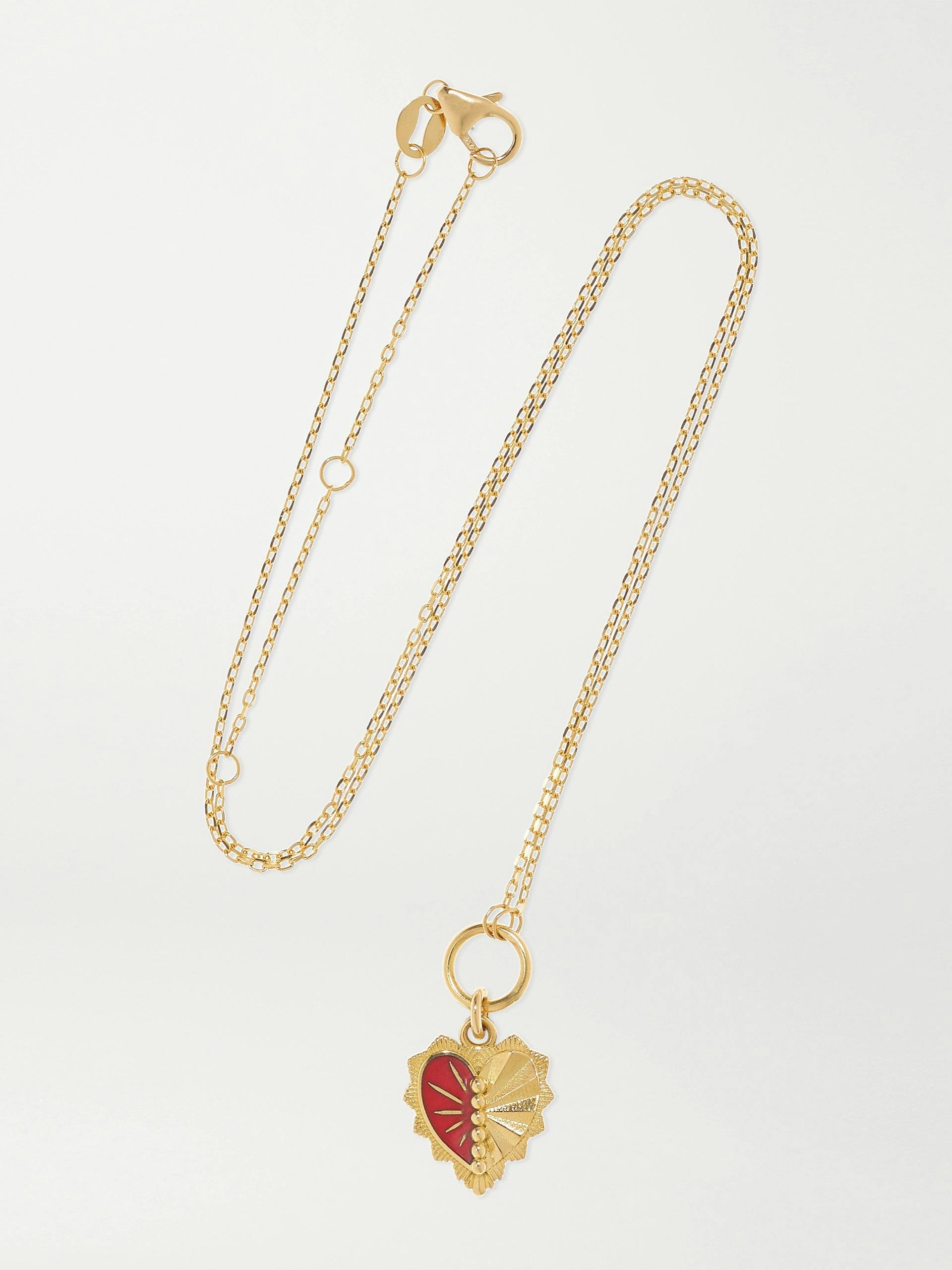 Mini heart Love Token 18-karat gold and enamel necklace