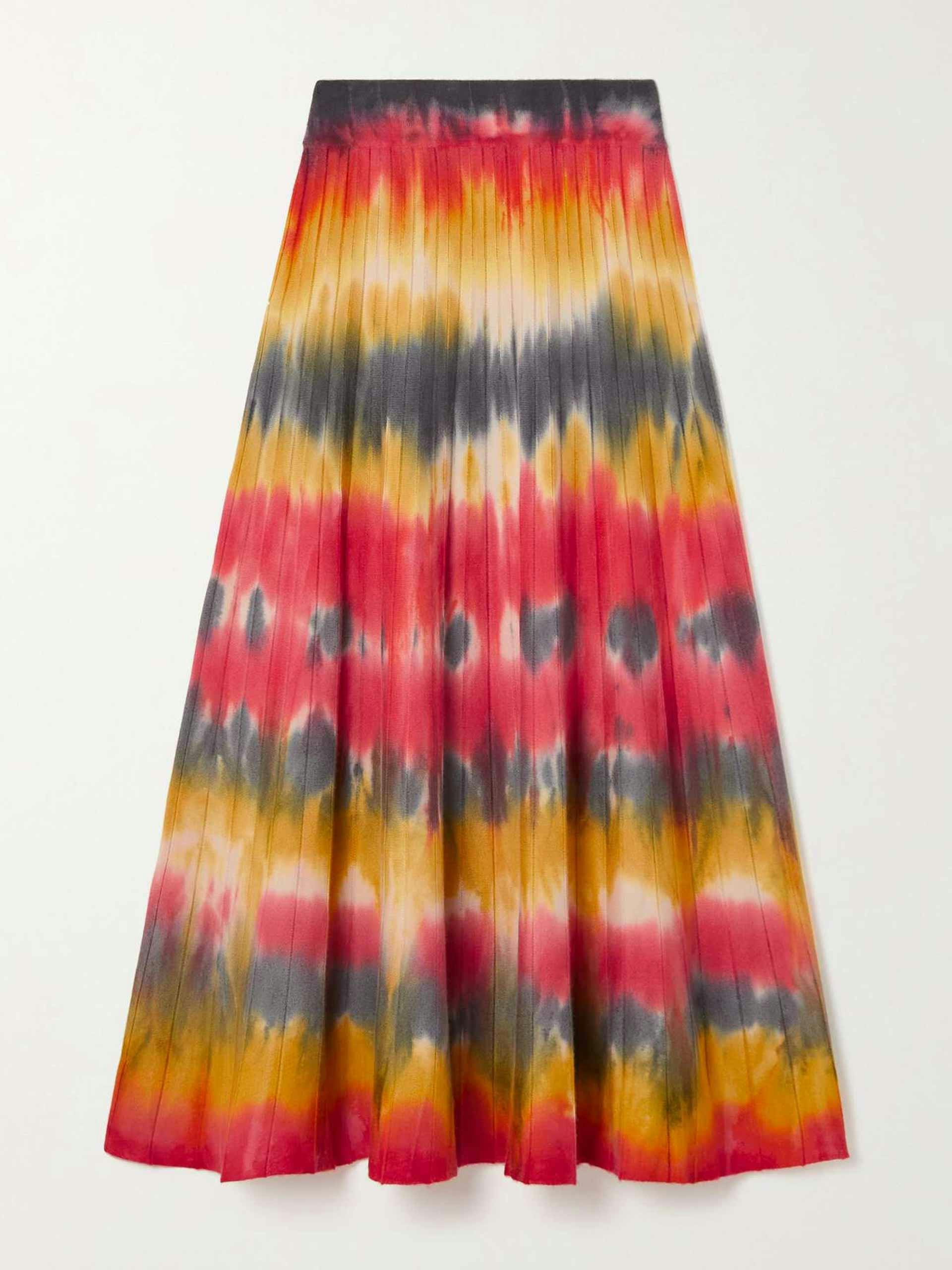 Pleated tie-dyed cashmere midi skirt