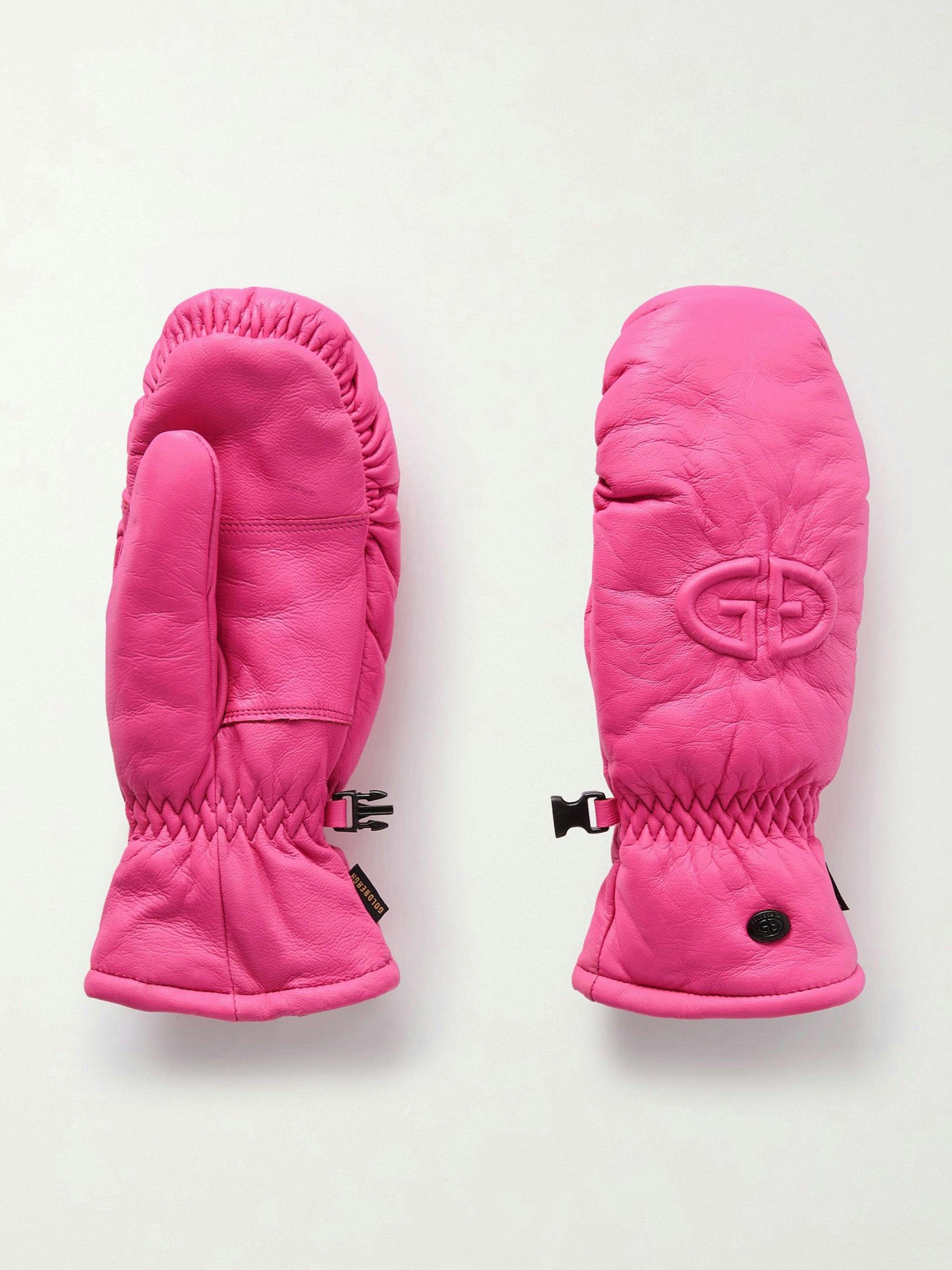Bright pink padded leather ski mittens