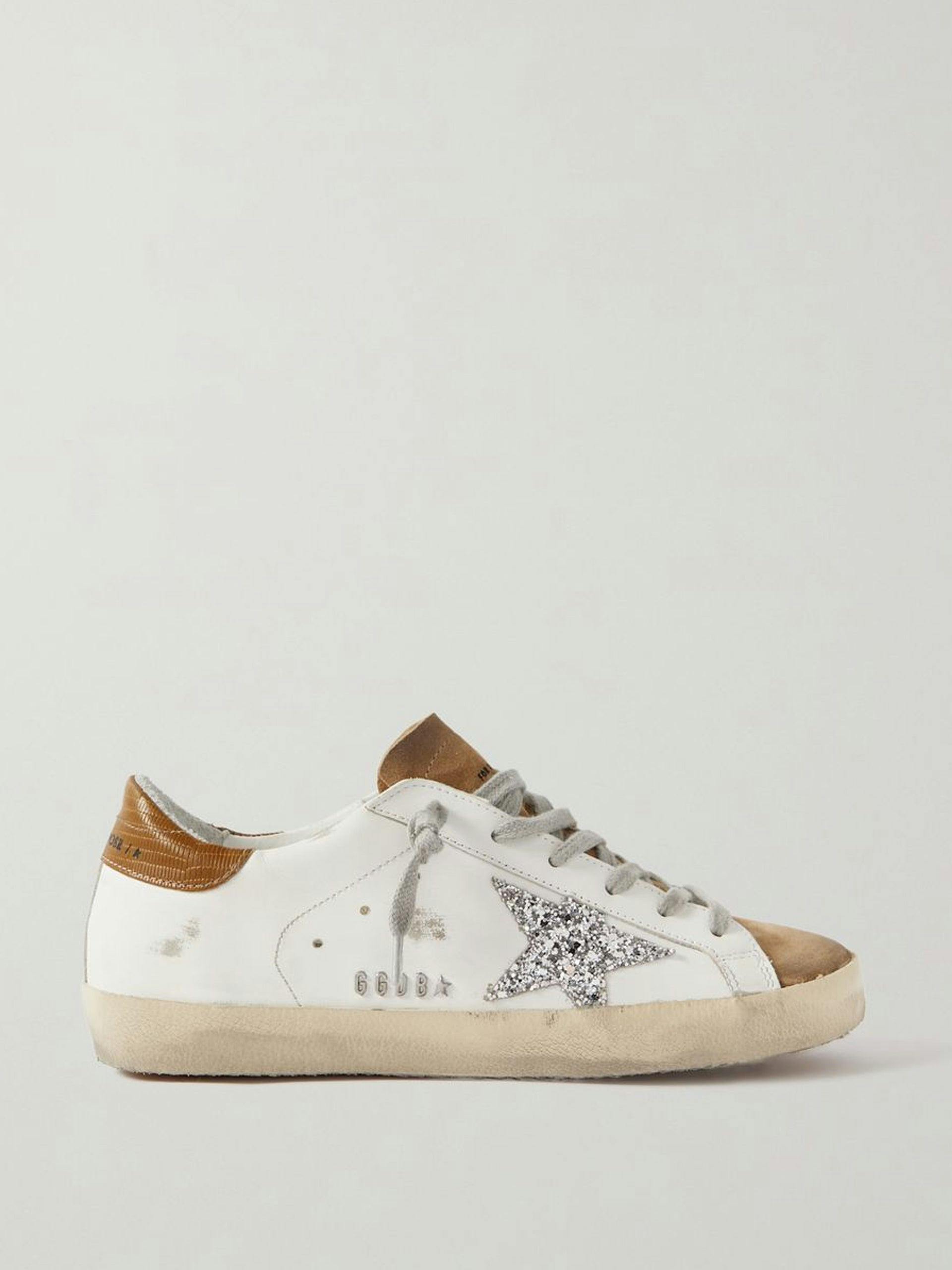 Glitter distressed leather and suede sneakers