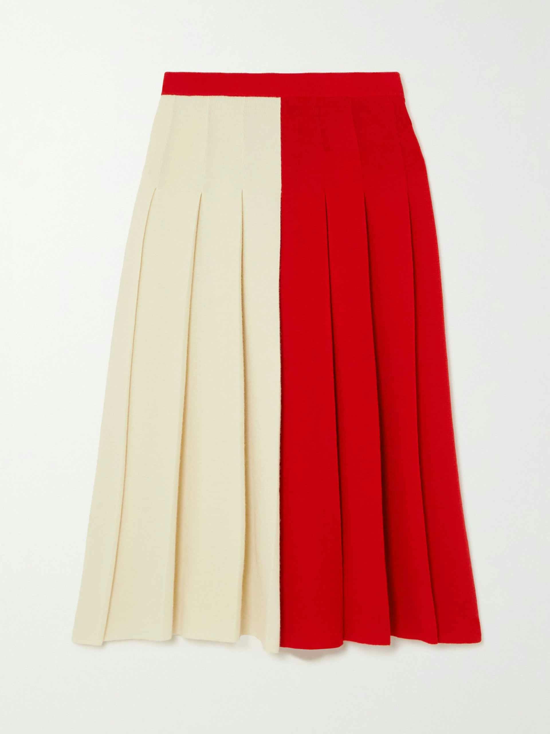 Two-tone beige and red pleated skirt