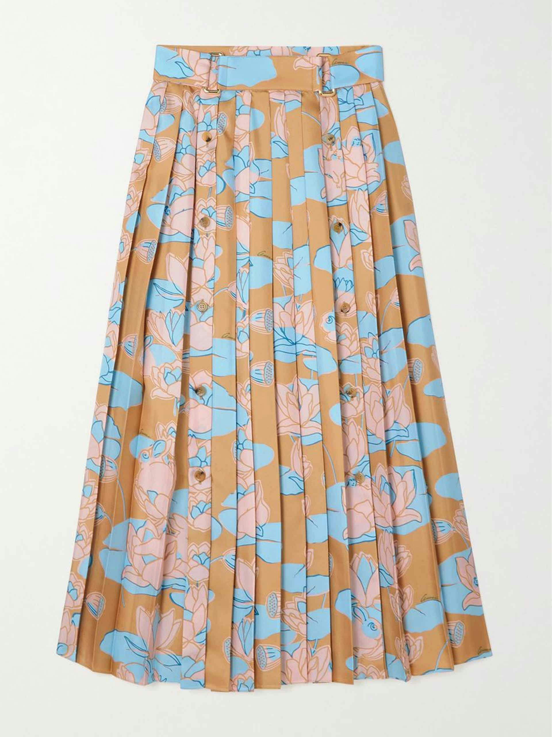 Belted pleated floral-print silk-twill midi skirt