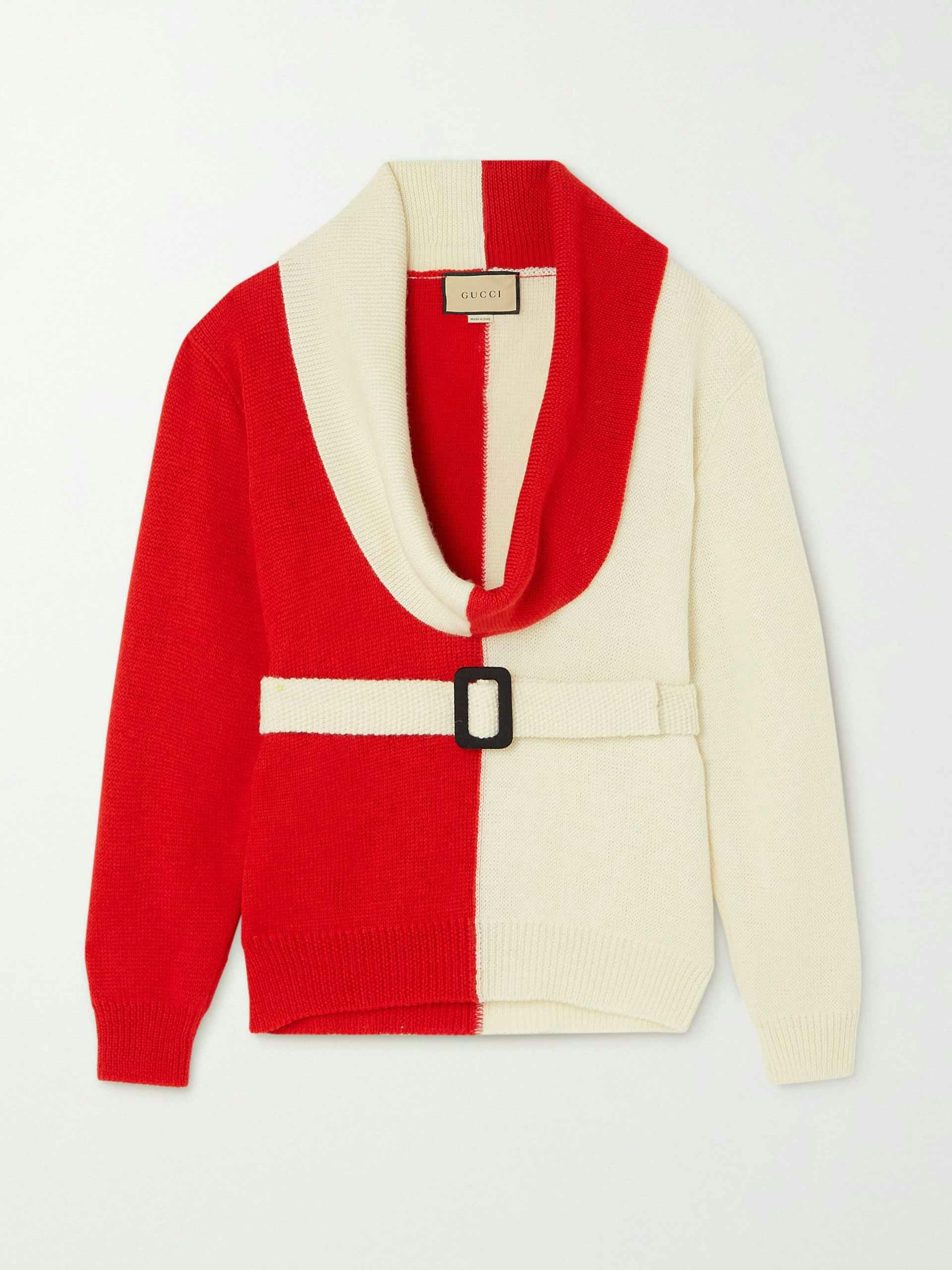 Belted two-tone wool jumper