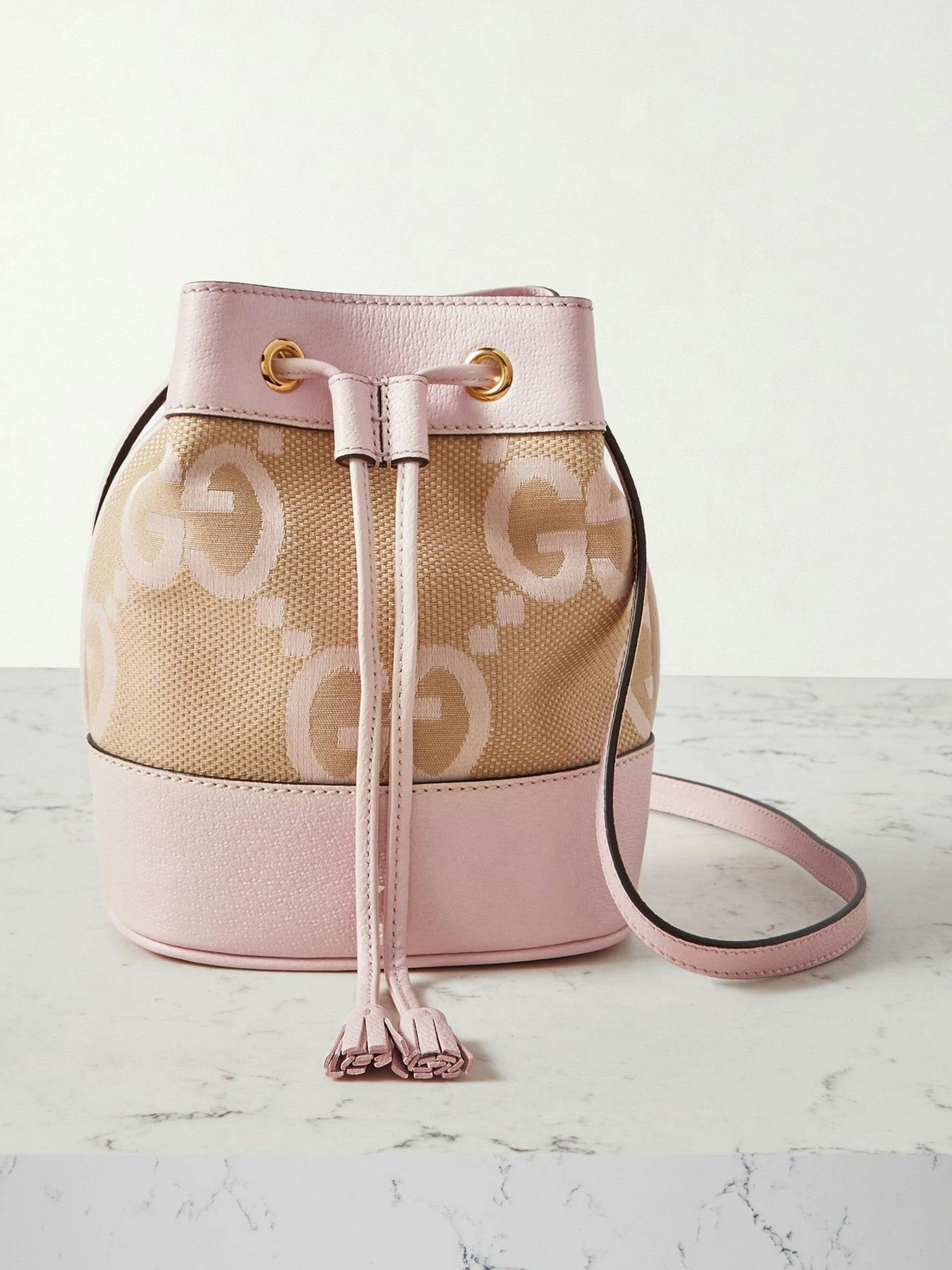 Pink leather and raffia logo bucket bag